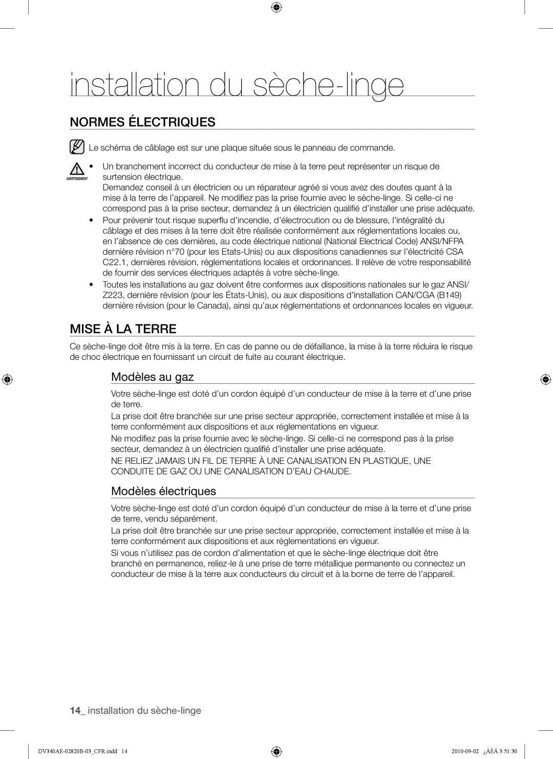 Samsung DV340AEW, DV330AEW user manual Normes Électriques, Mise À LA Terre, Modèles au gaz, Modèles électriques 