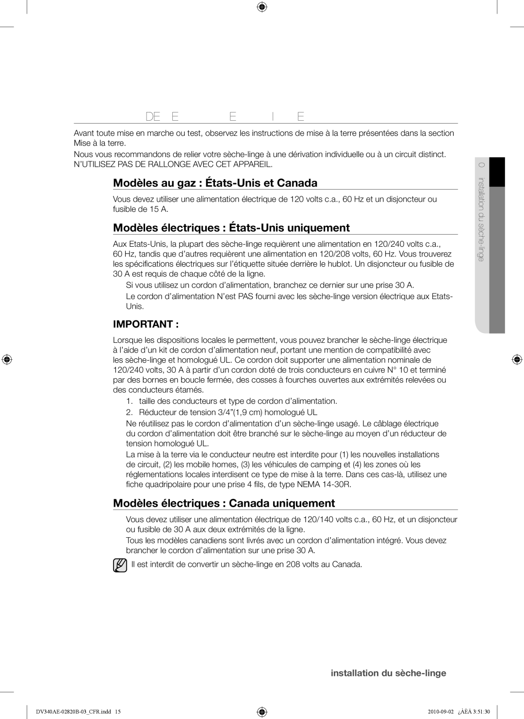 Samsung DV340AEW Raccordement Électrique, Modèles au gaz États-Unis et Canada, Modèles électriques États-Unis uniquement 