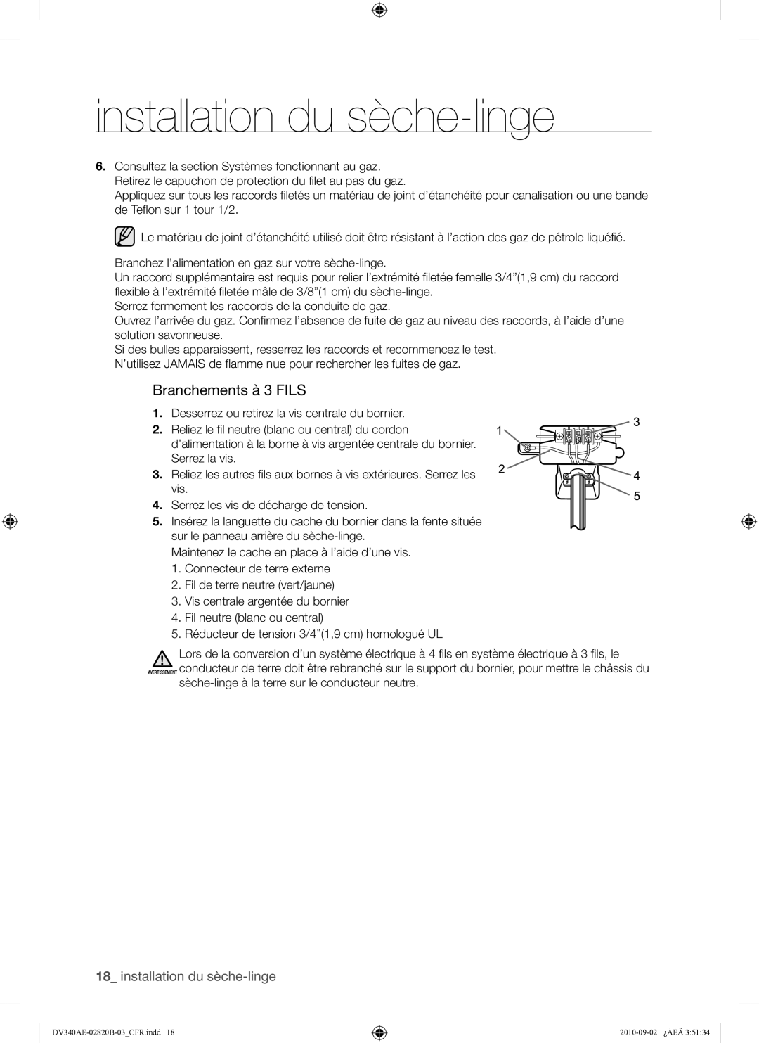 Samsung DV340AEW, DV330AEW user manual Branchements à 3 Fils 