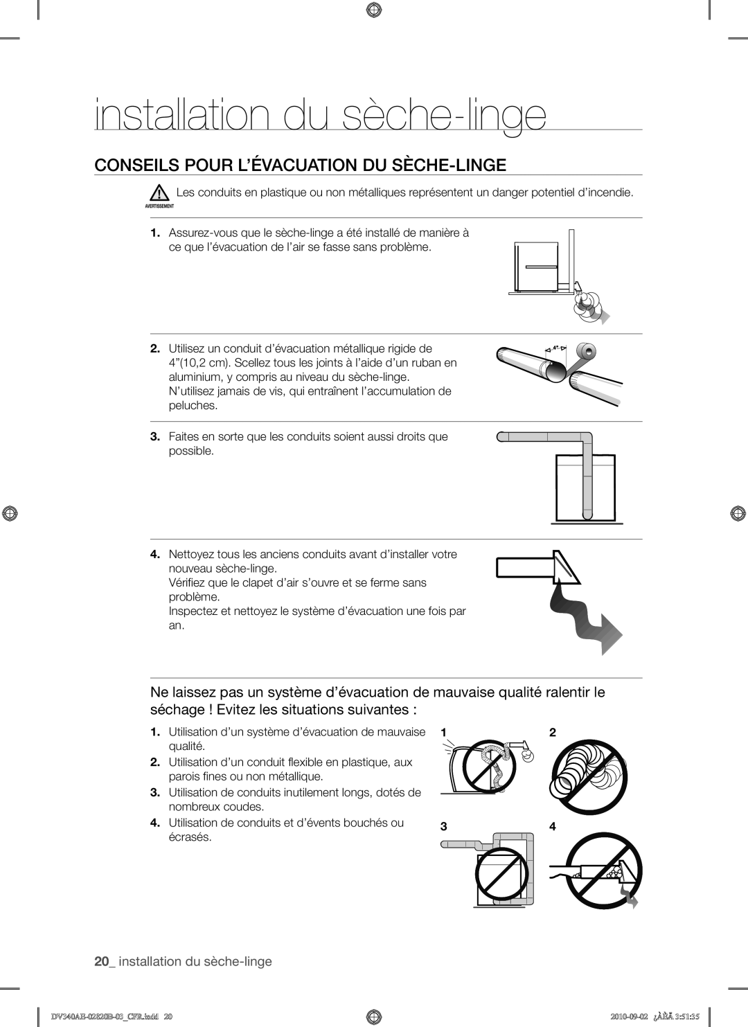 Samsung DV340AEW, DV330AEW user manual Conseils Pour L’ÉVACUATION DU SÈCHE-LINGE 