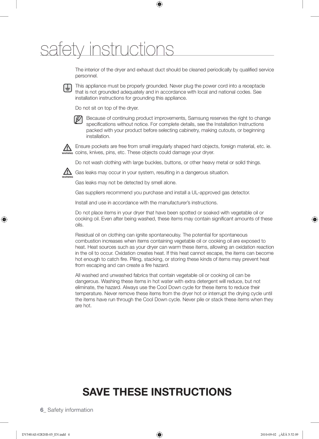 Samsung DV340AEW, DV330AEW user manual Safety instructions 