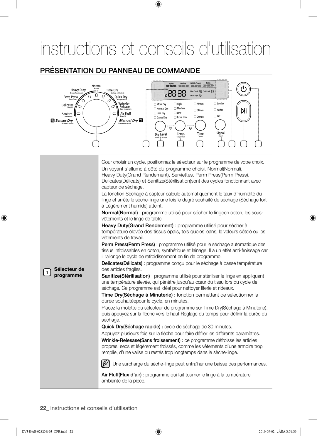 Samsung DV340AEW, DV330AEW user manual Présentation DU Panneau DE Commande, Sélecteur de Programme 