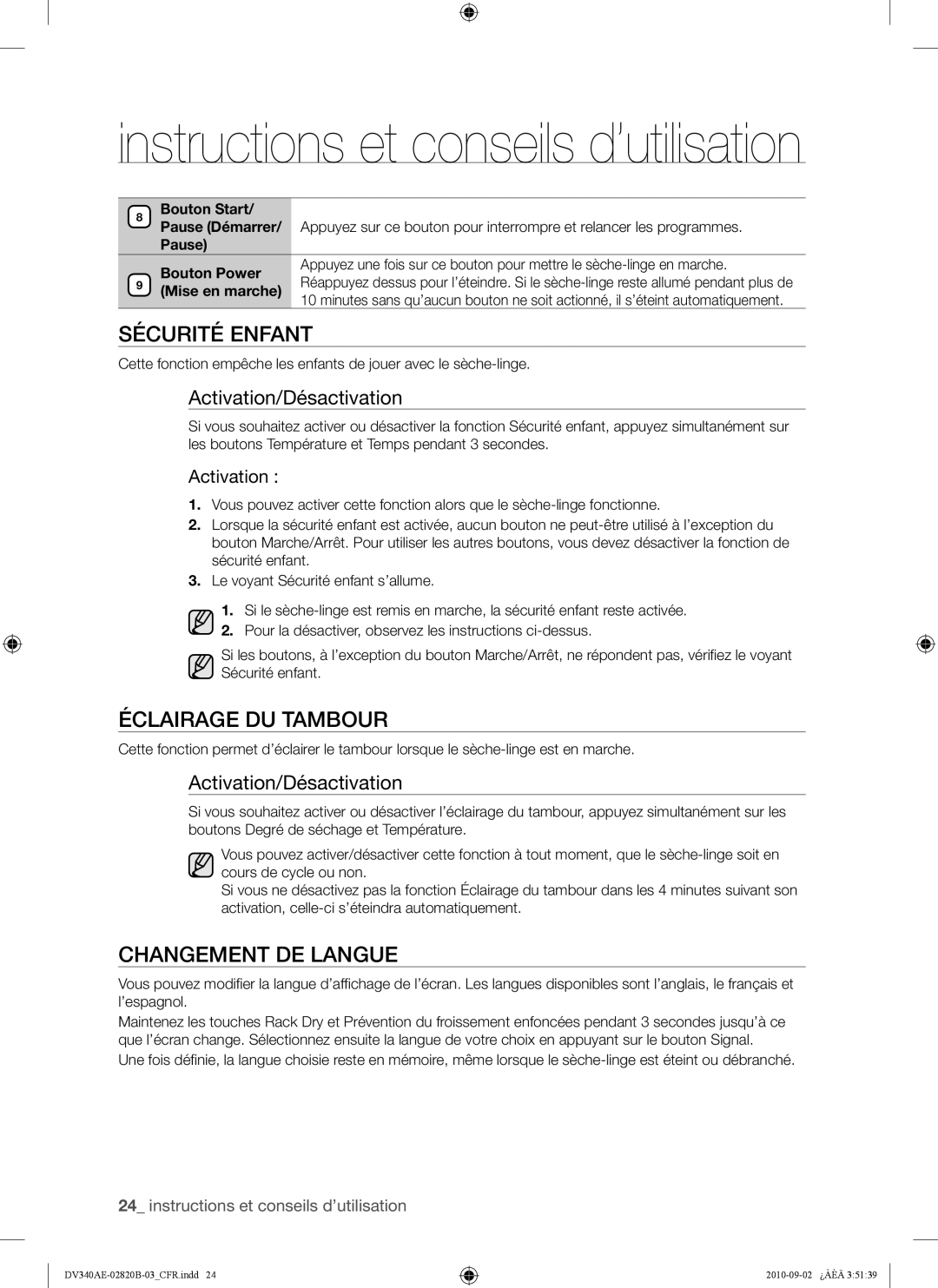 Samsung DV330AE, DV340AEW Sécurité Enfant, Éclairage DU Tambour, Changement DE Langue, Activation/Désactivation 