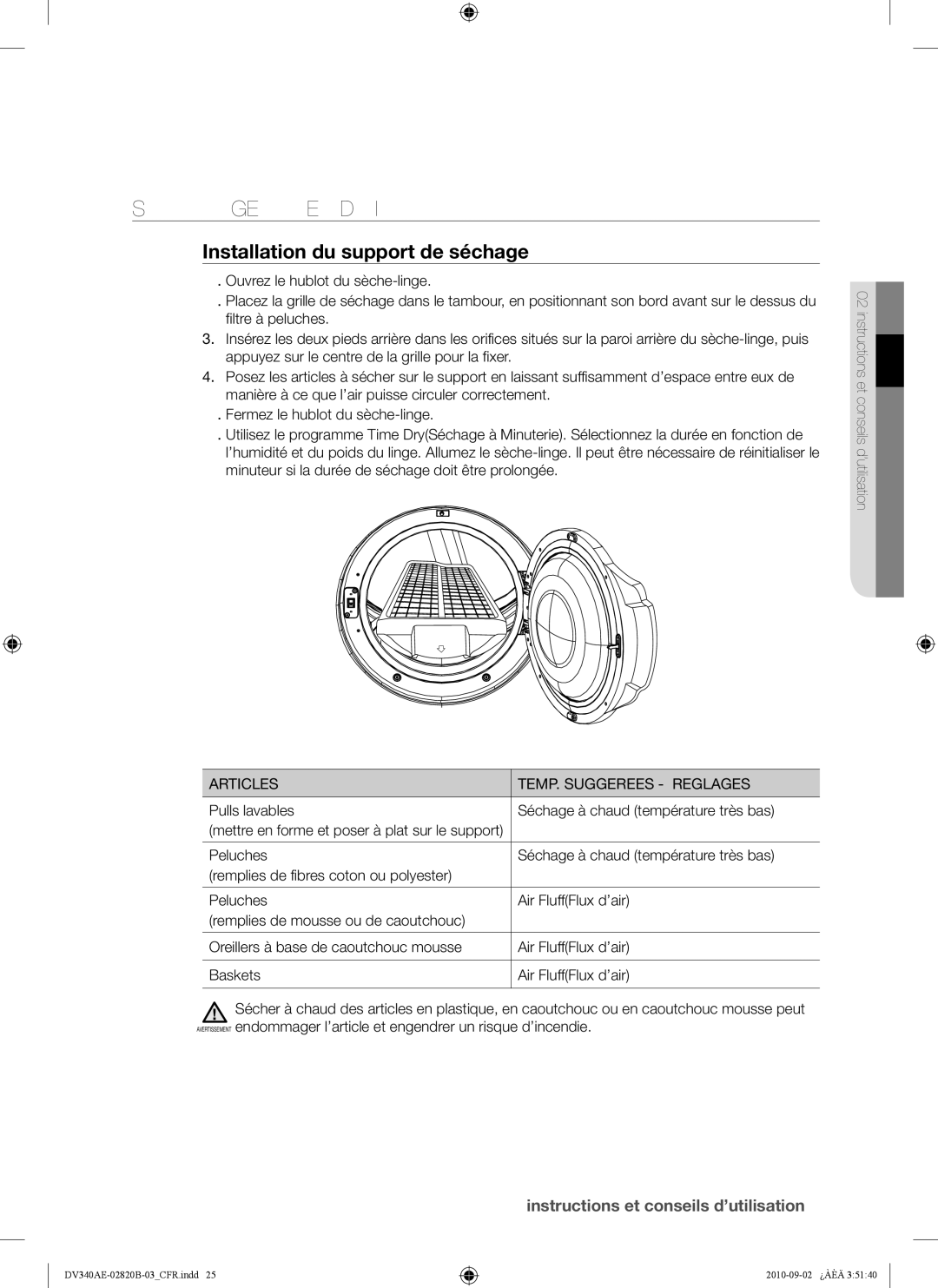 Samsung DV330AEW, DV340AEW Séchage Étendoir, Installation du support de séchage, Articles TEMP. Suggerees Reglages 