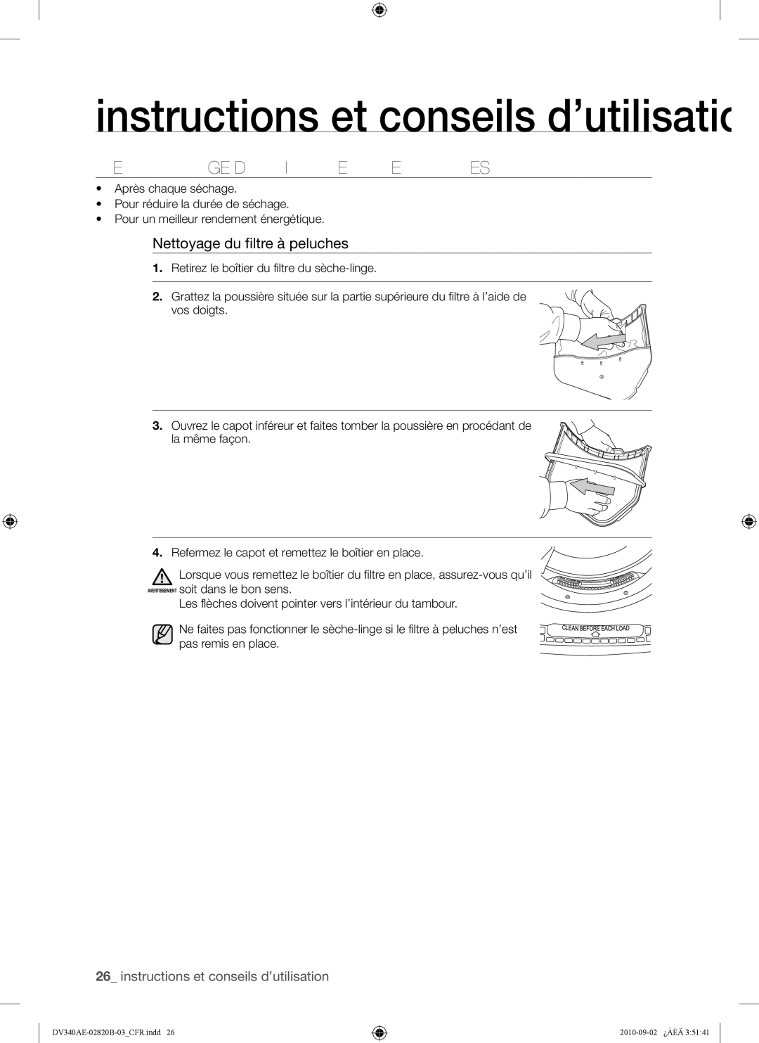 Samsung DV340AEW, DV330AEW user manual Nettoyage DU Filtre À Peluches, Nettoyage du filtre à peluches 