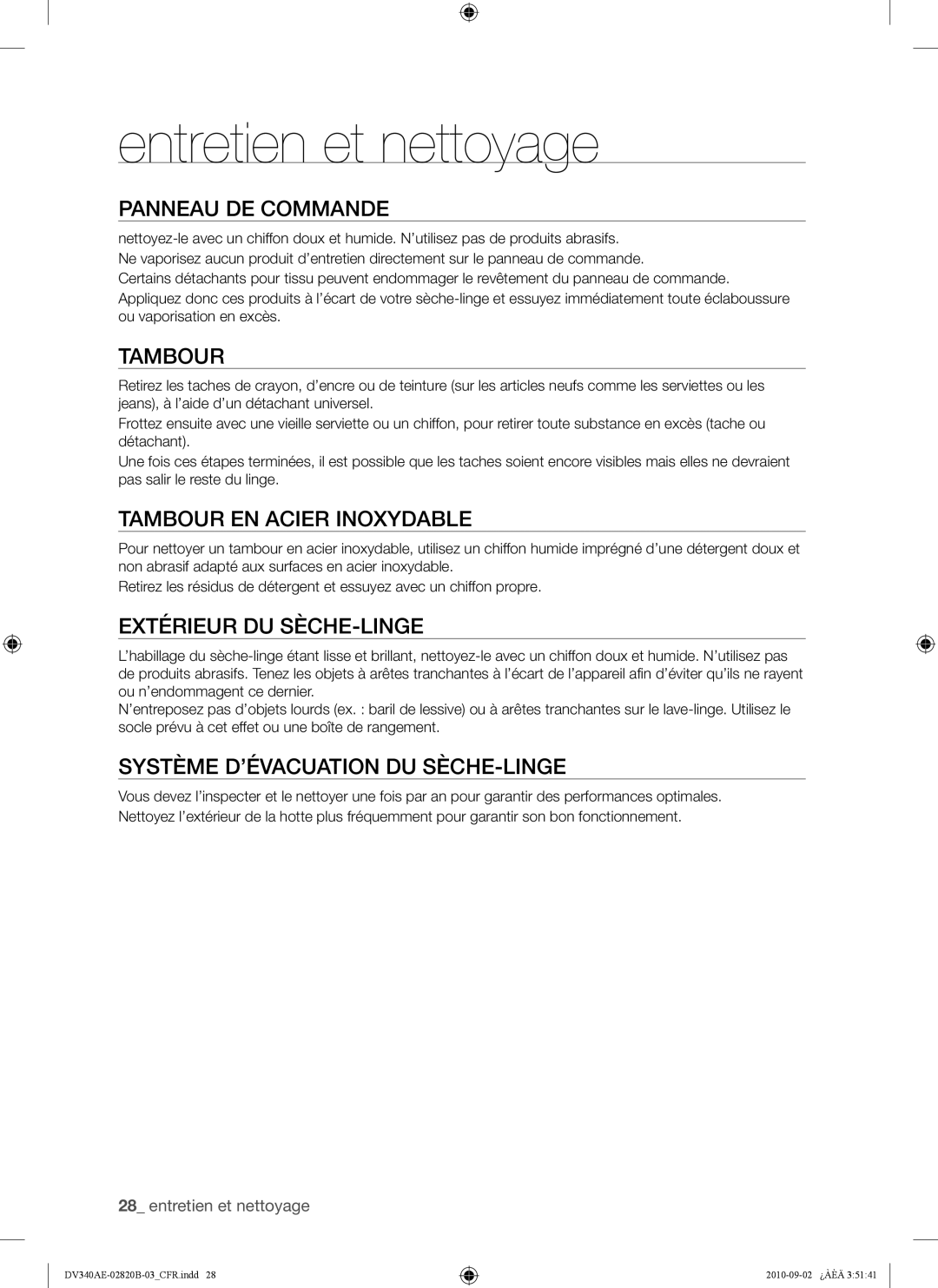 Samsung DV340AEW, DV330AEW user manual Entretien et nettoyage, Panneau DE Commande, Tambour EN Acier Inoxydable 