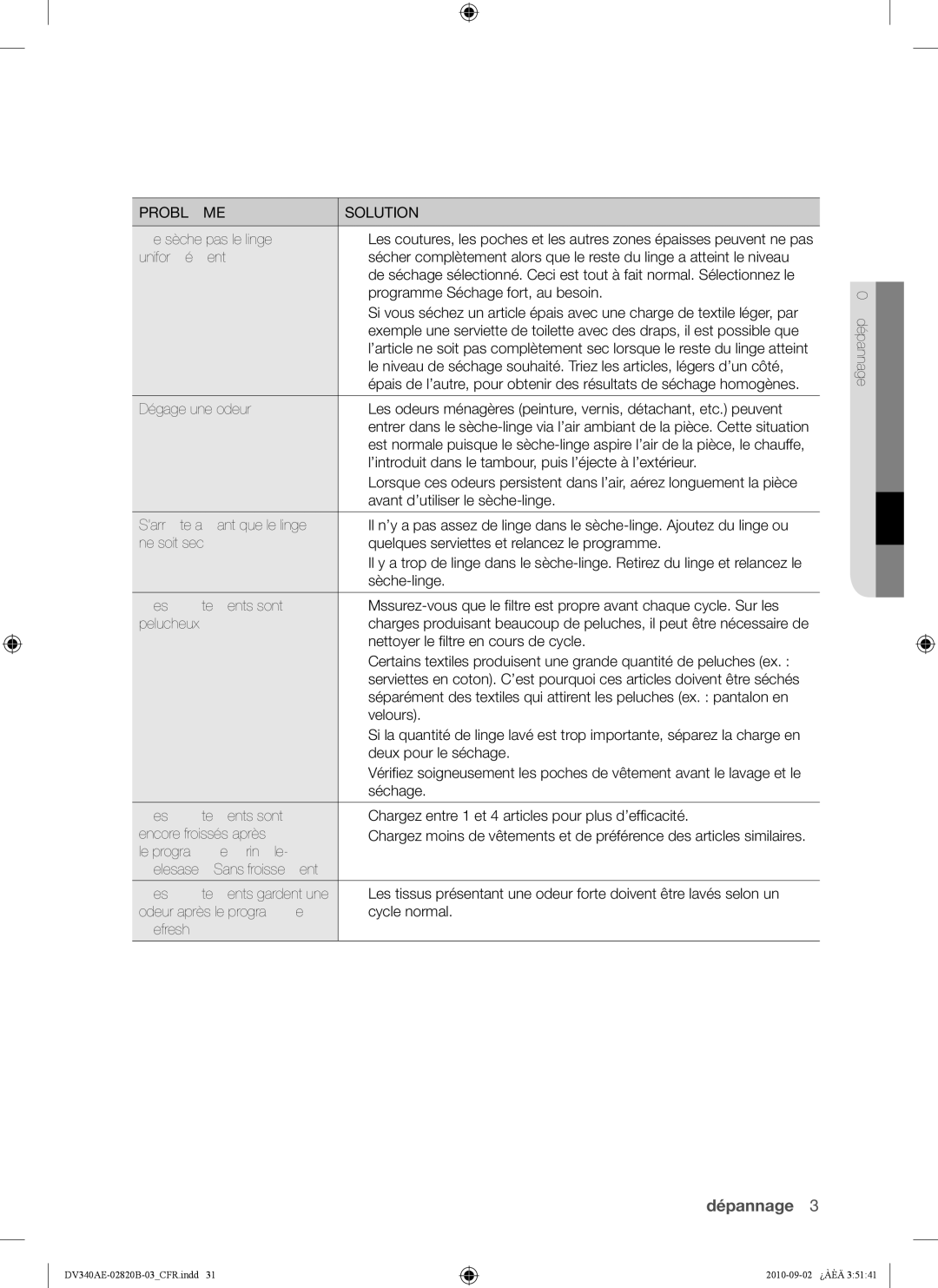 Samsung DV340AEW, DV330AE Ne sèche pas le linge, ’introduit dans le tambour, puis l’éjecte à l’extérieur, Velours, Séchage 