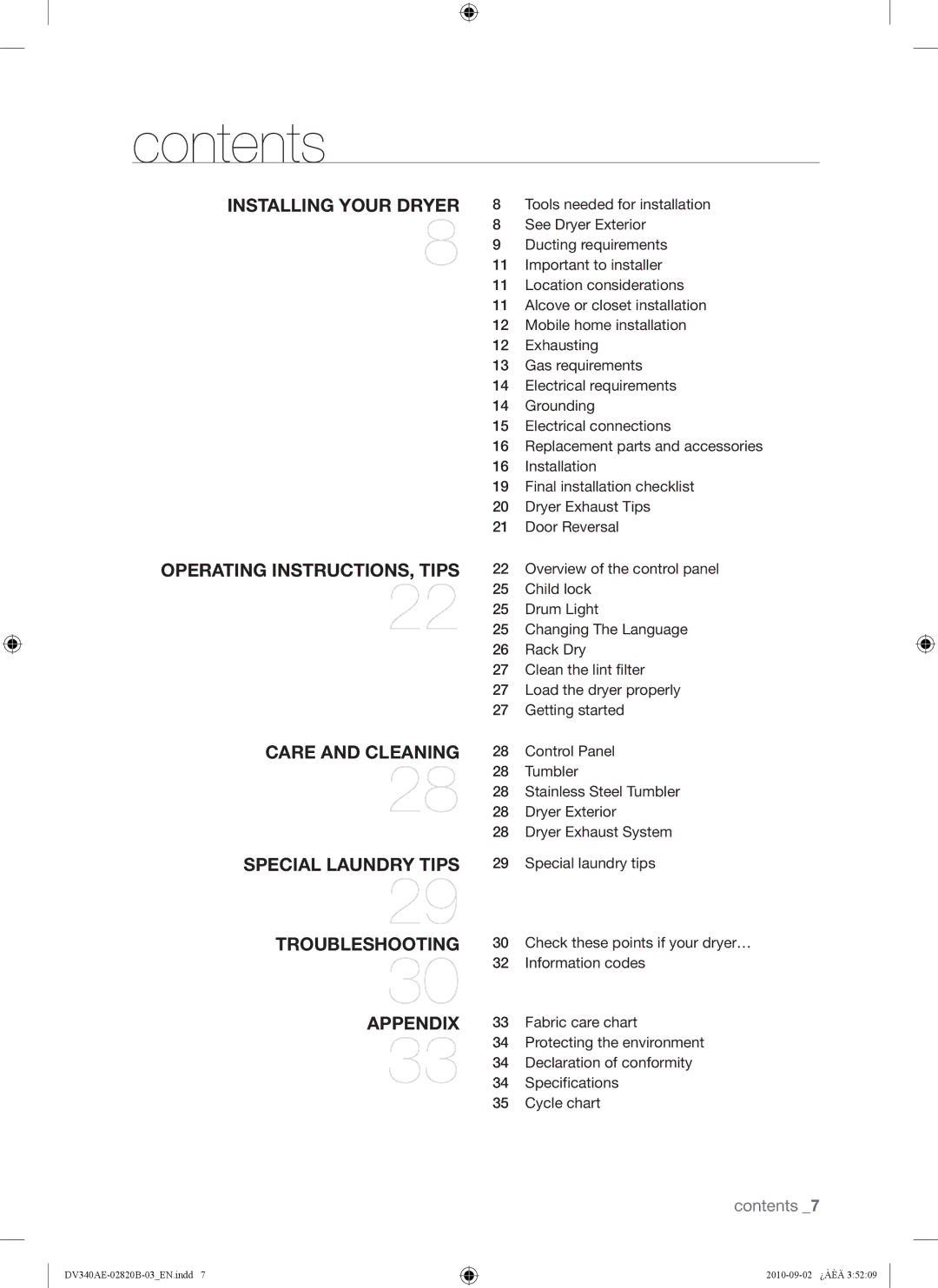 Samsung DV330AEW, DV340AEW user manual Contents 