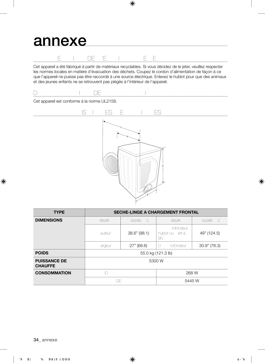 Samsung DV340AEW, DV330AEW Protection DE L’ENVIRONNEMENT, Déclaration DE Conformité, Caractéristiques Techniques 