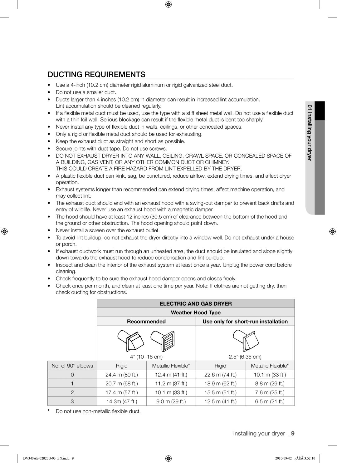 Samsung DV340AEW, DV330AEW user manual Ducting Requirements, Electric and GAS Dryer, Weather Hood Type 