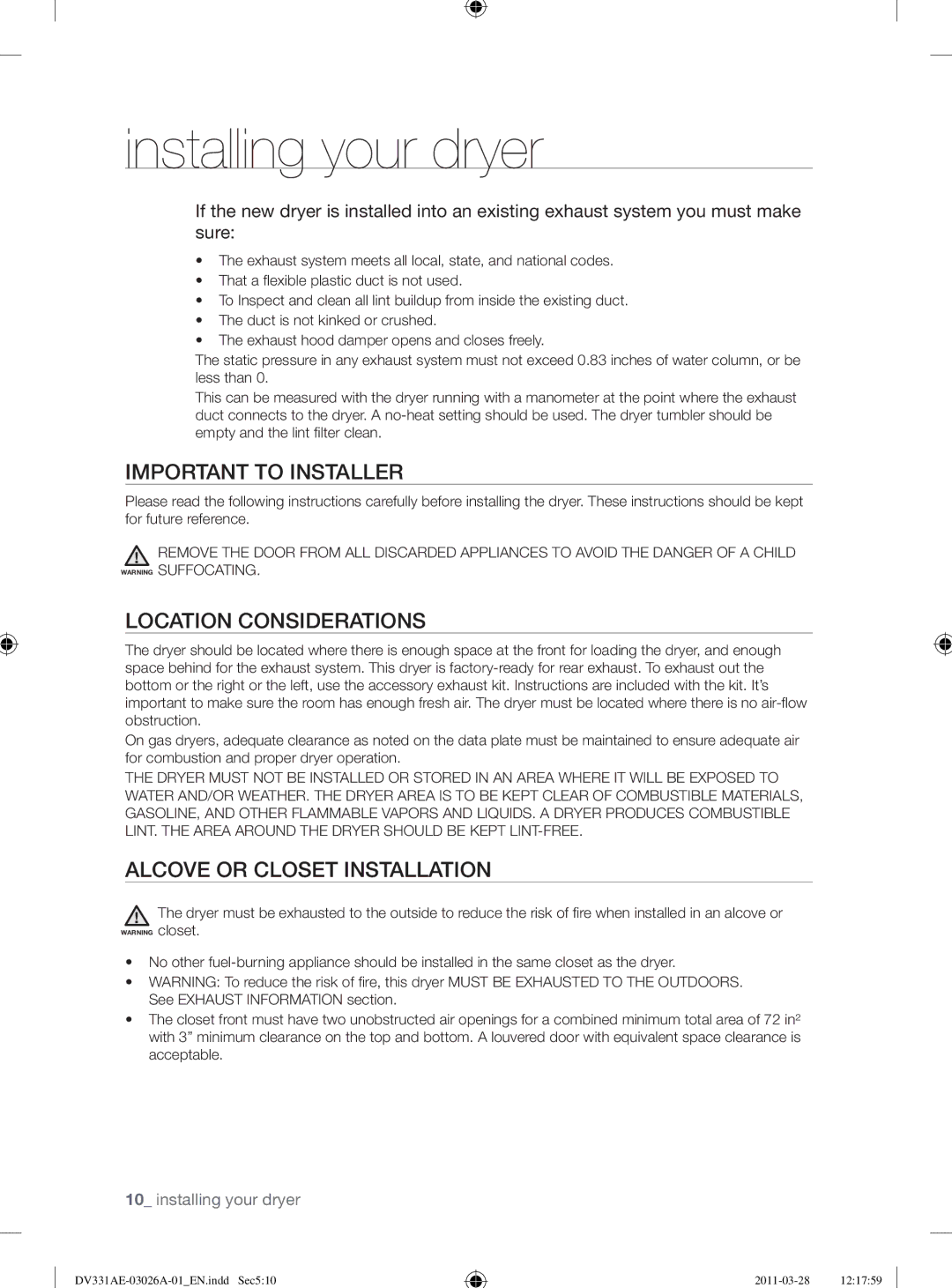 Samsung DV331AG, DV331AE user manual Important to Installer, Location Considerations, Alcove or Closet Installation 