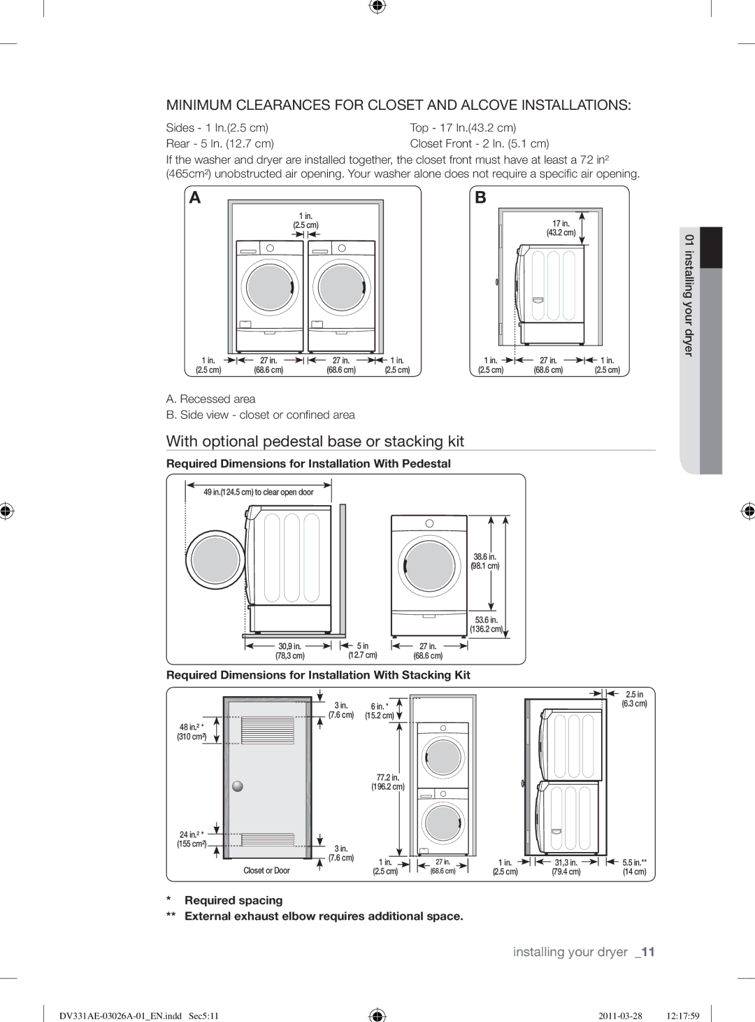 Samsung DV331AE, DV331AG With optional pedestal base or stacking kit, Required Dimensions for Installation With Pedestal 