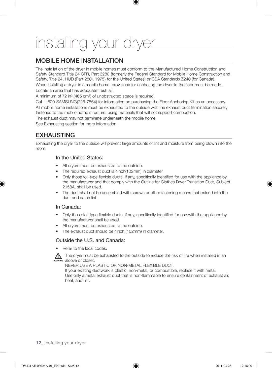 Samsung DV331AG, DV331AE user manual Mobile Home Installation, Exhausting, United States, Outside the U.S. and Canada 