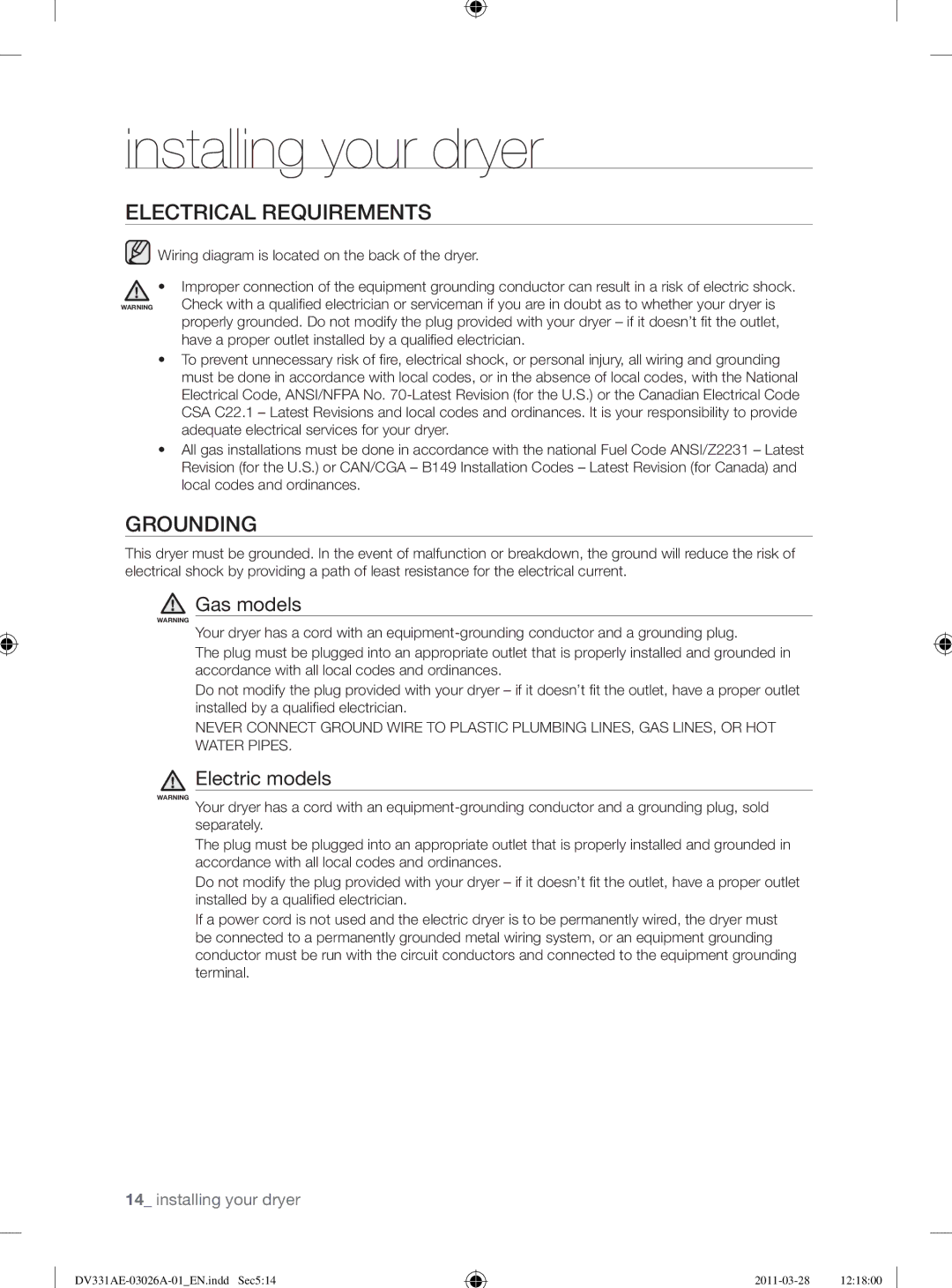 Samsung DV331AG, DV331AE user manual Electrical Requirements, Grounding, Gas models, Electric models 