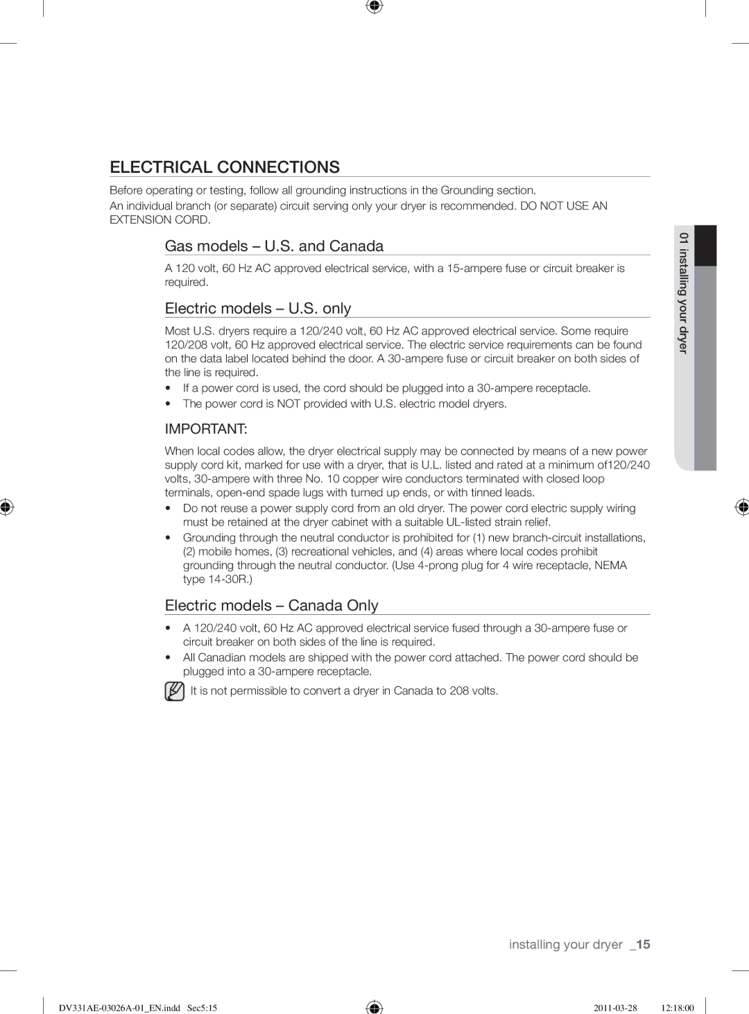 Samsung DV331AE Electrical Connections, Gas models U.S. and Canada, Electric models U.S. only, Electric models Canada Only 