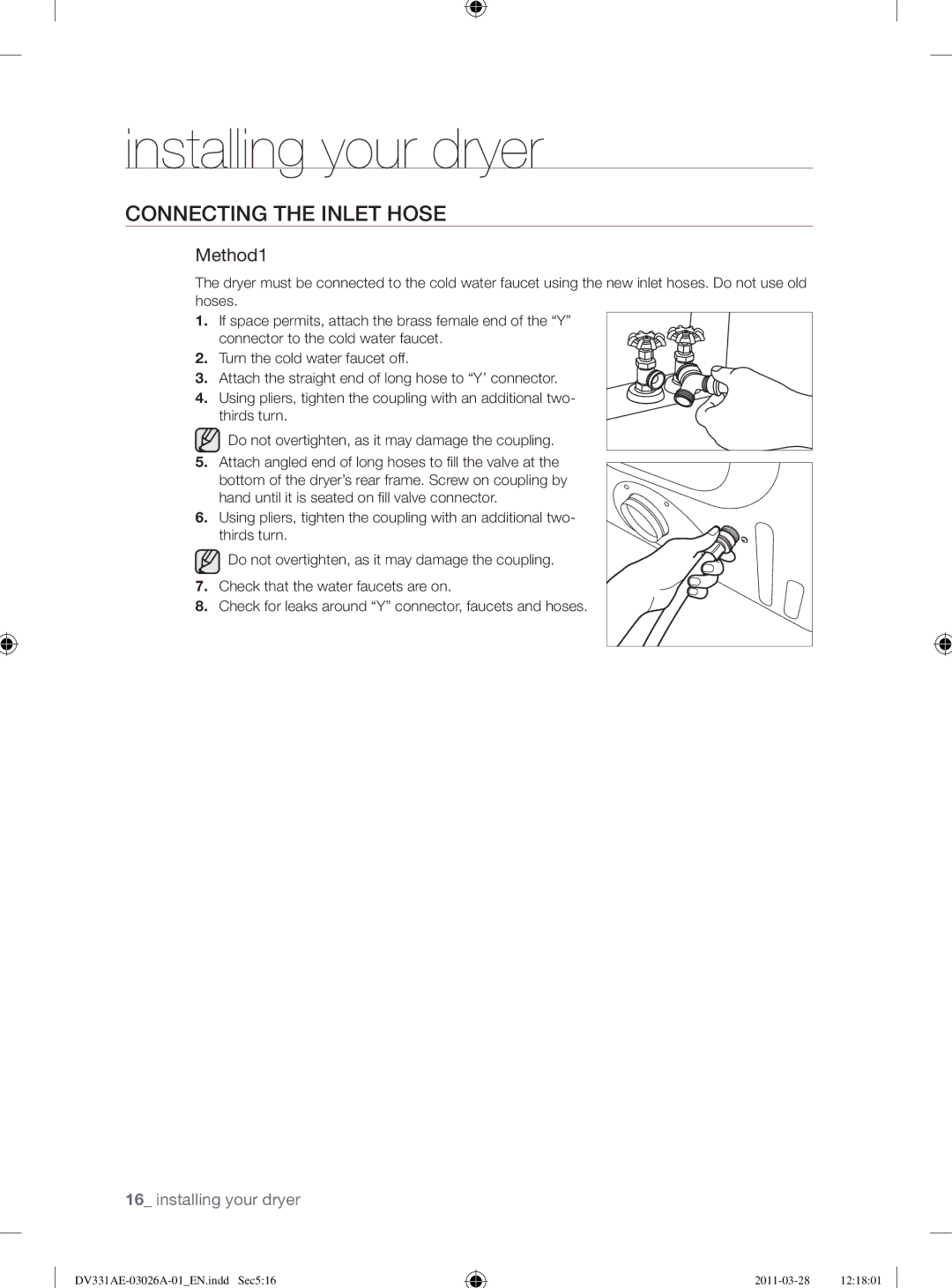 Samsung DV331AG, DV331AE user manual Connecting the Inlet Hose, Method1 