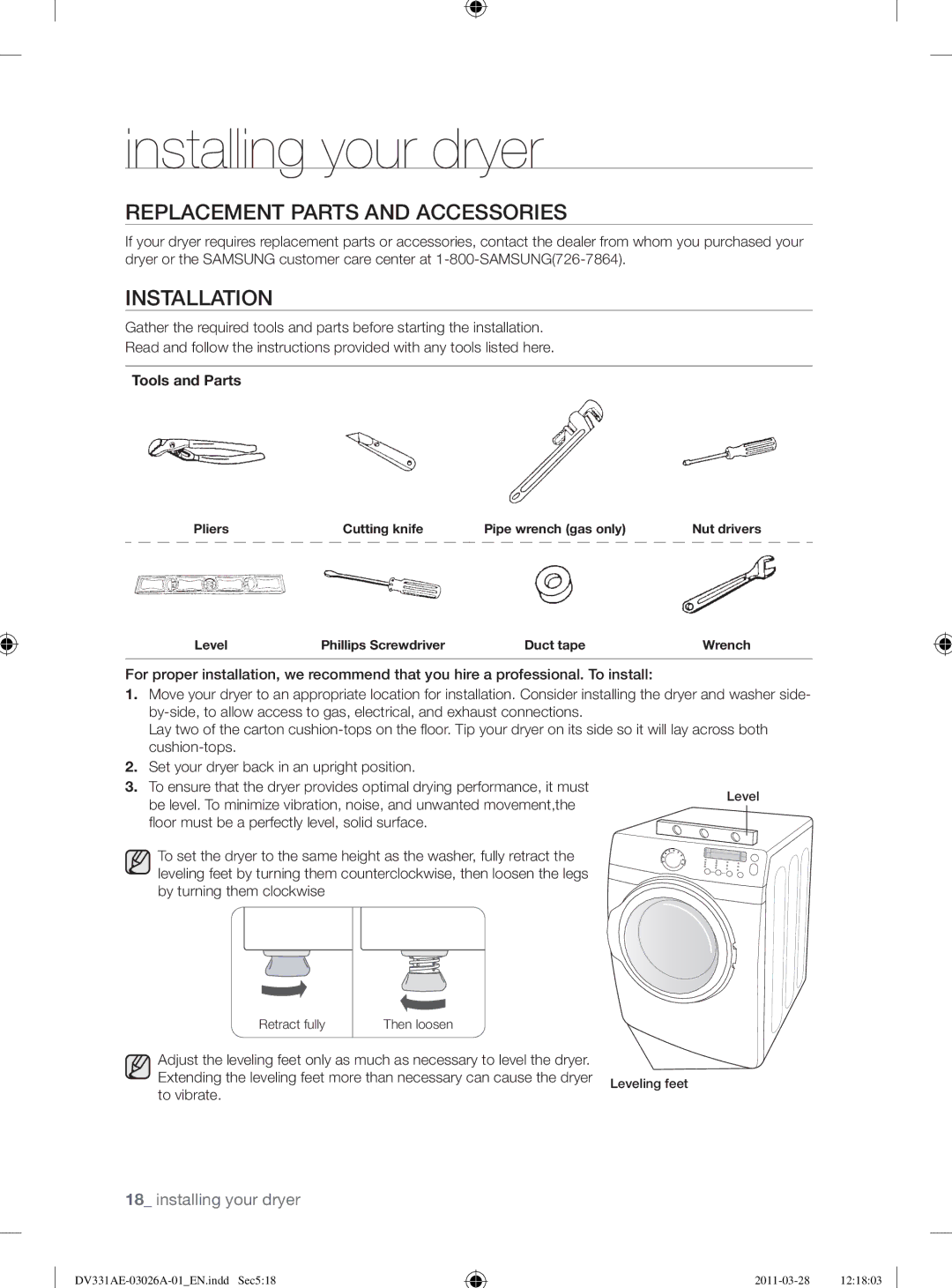 Samsung DV331AG, DV331AE user manual Replacement Parts and Accessories, Installation, Tools and Parts 