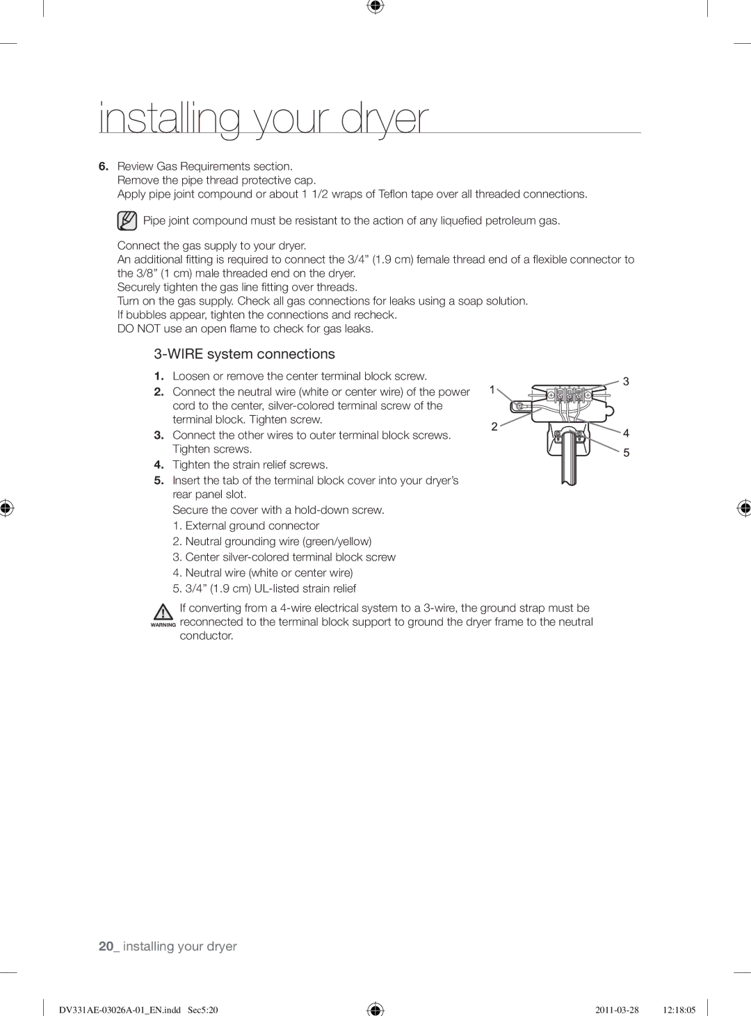 Samsung DV331AG, DV331AE user manual Wire system connections 