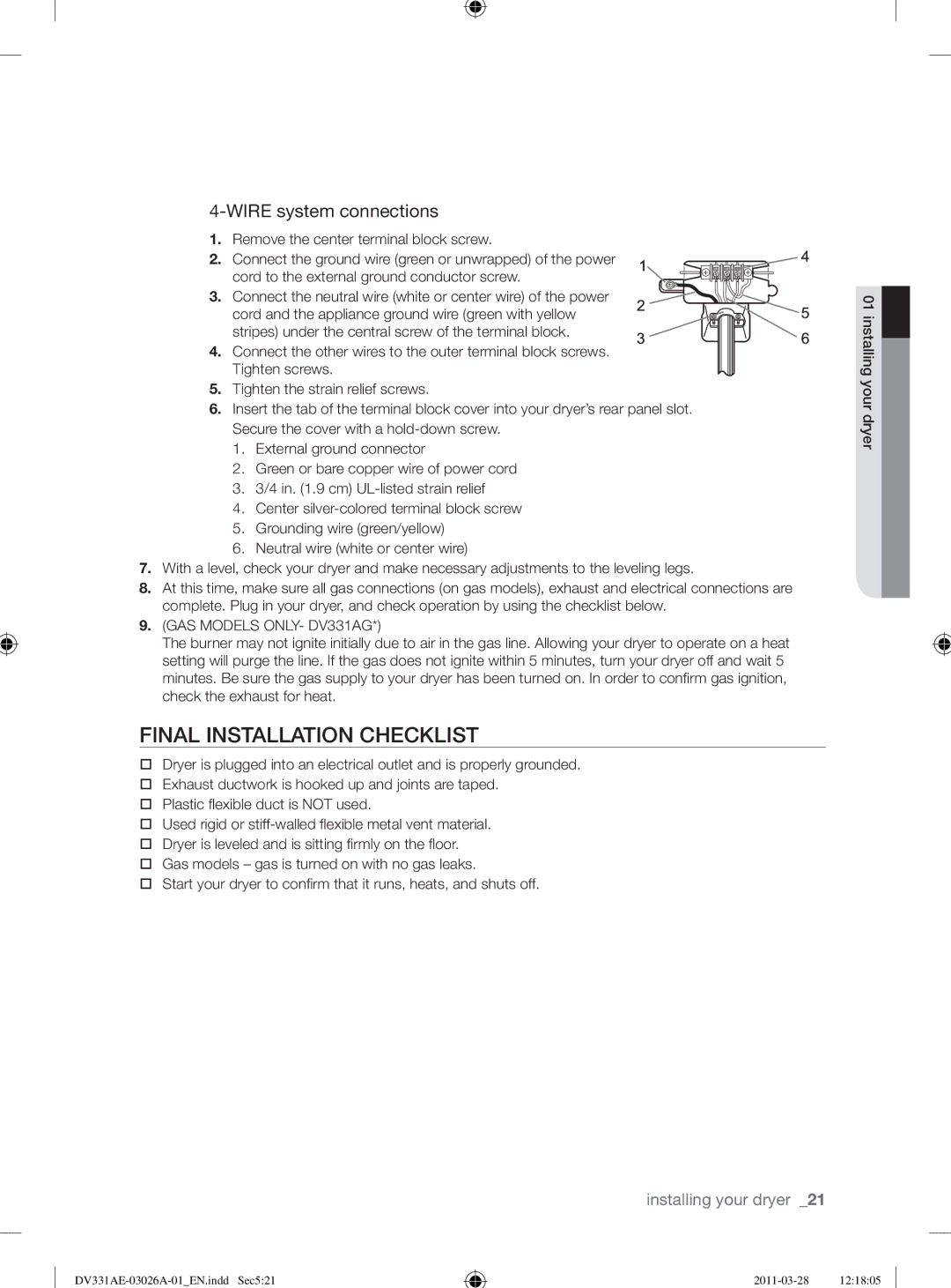 Samsung DV331AE user manual Final Installation Checklist, GAS Models ONLY- DV331AG 