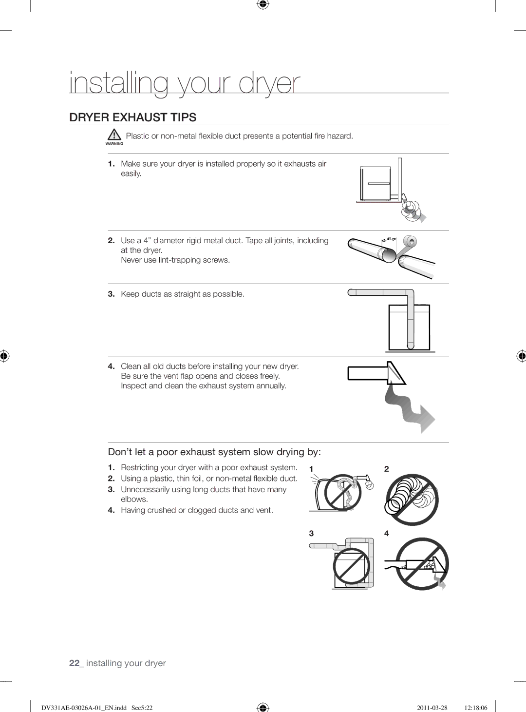 Samsung DV331AG, DV331AE user manual Dryer Exhaust Tips, Don’t let a poor exhaust system slow drying by 