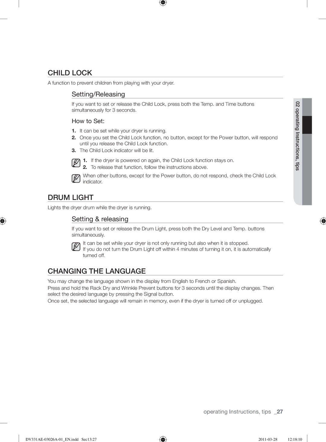 Samsung DV331AE, DV331AG user manual Child Lock, Drum Light, Changing the Language, Setting/Releasing, Setting & releasing 