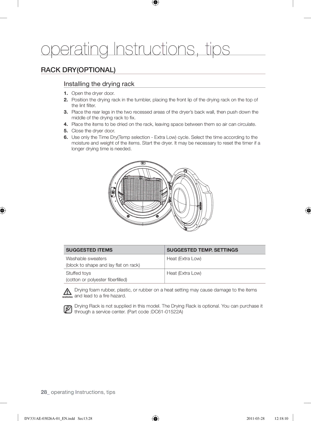 Samsung DV331AG, DV331AE user manual Rack Dryoptional, Installing the drying rack, Suggested Items Suggested TEMP. Settings 