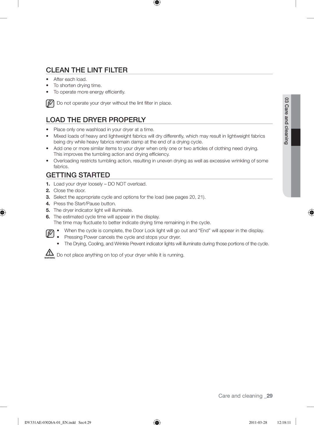 Samsung DV331AE, DV331AG user manual Clean the Lint Filter, Load the Dryer Properly, Getting Started 