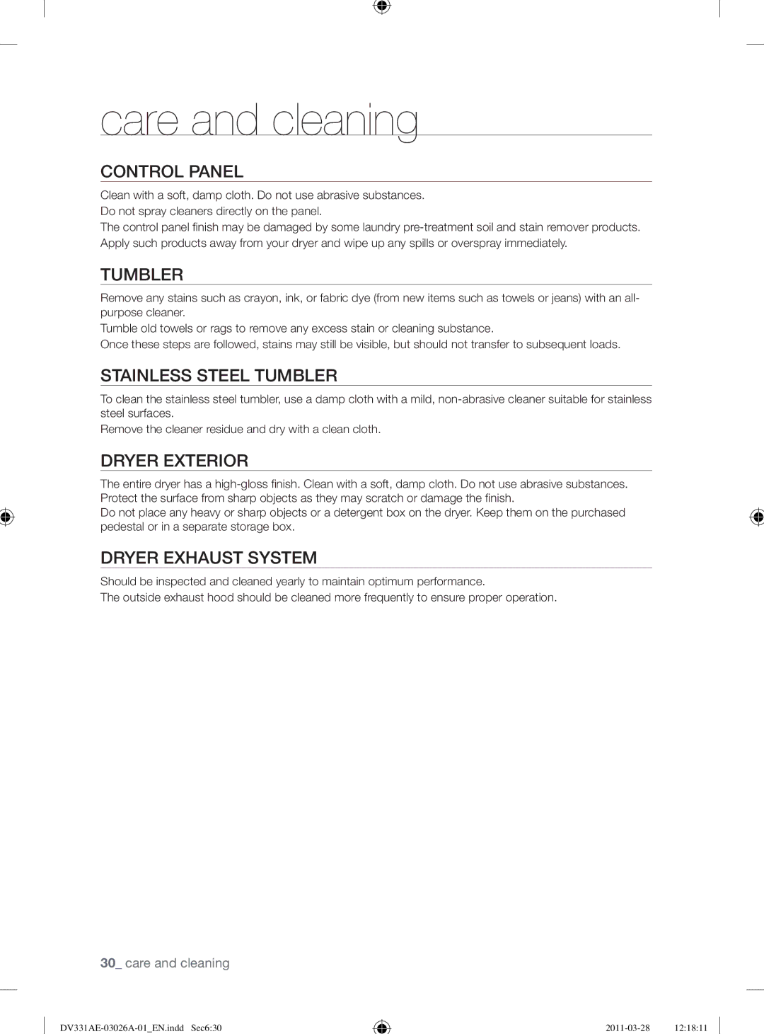 Samsung DV331AG, DV331AE user manual Care and cleaning 