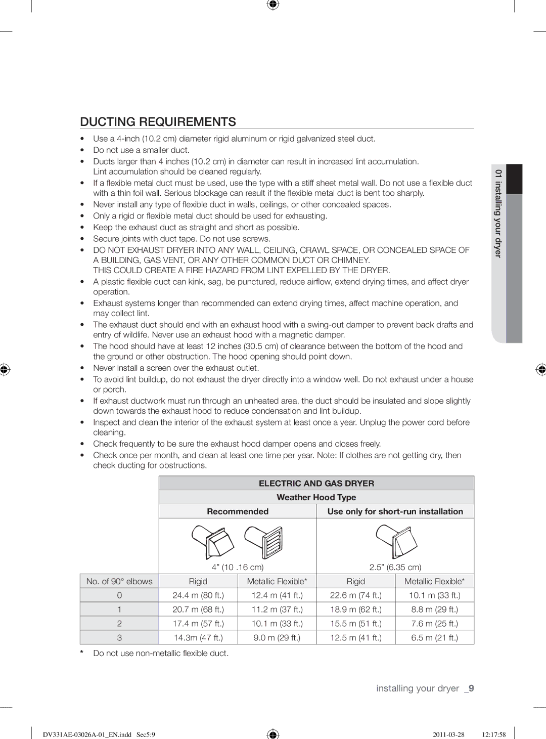 Samsung DV331AE, DV331AG user manual Ducting Requirements, Electric and GAS Dryer, Weather Hood Type Recommended 