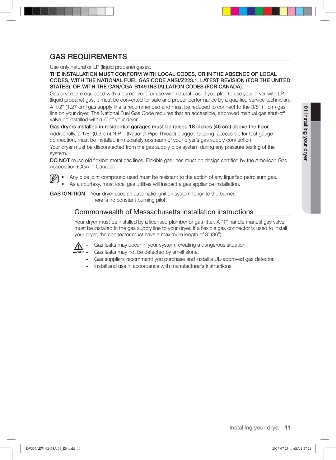 Samsung DV328, DV337 user manual GAS Requirements, Commonwealth of Massachusetts installation instructions 