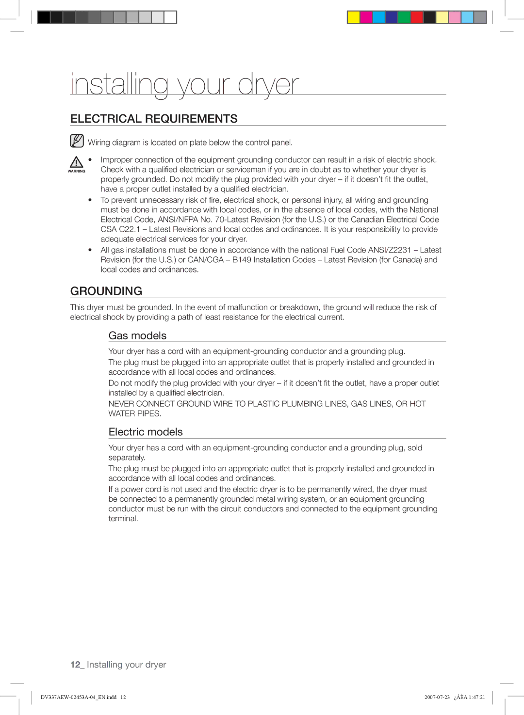 Samsung DV337, DV328 user manual Electrical Requirements, Grounding, Gas models, Electric models 