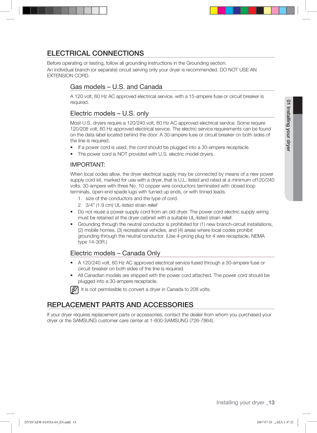 Samsung DV328, DV337 user manual Electrical Connections, Replacement Parts and Accessories, Gas models U.S. and Canada 