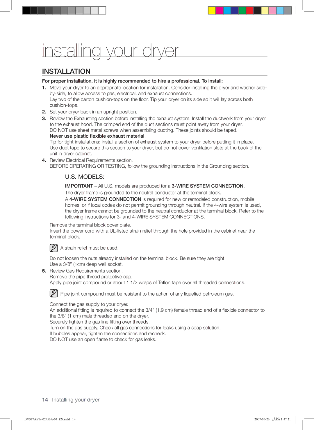 Samsung DV337, DV328 user manual Installation, Models 