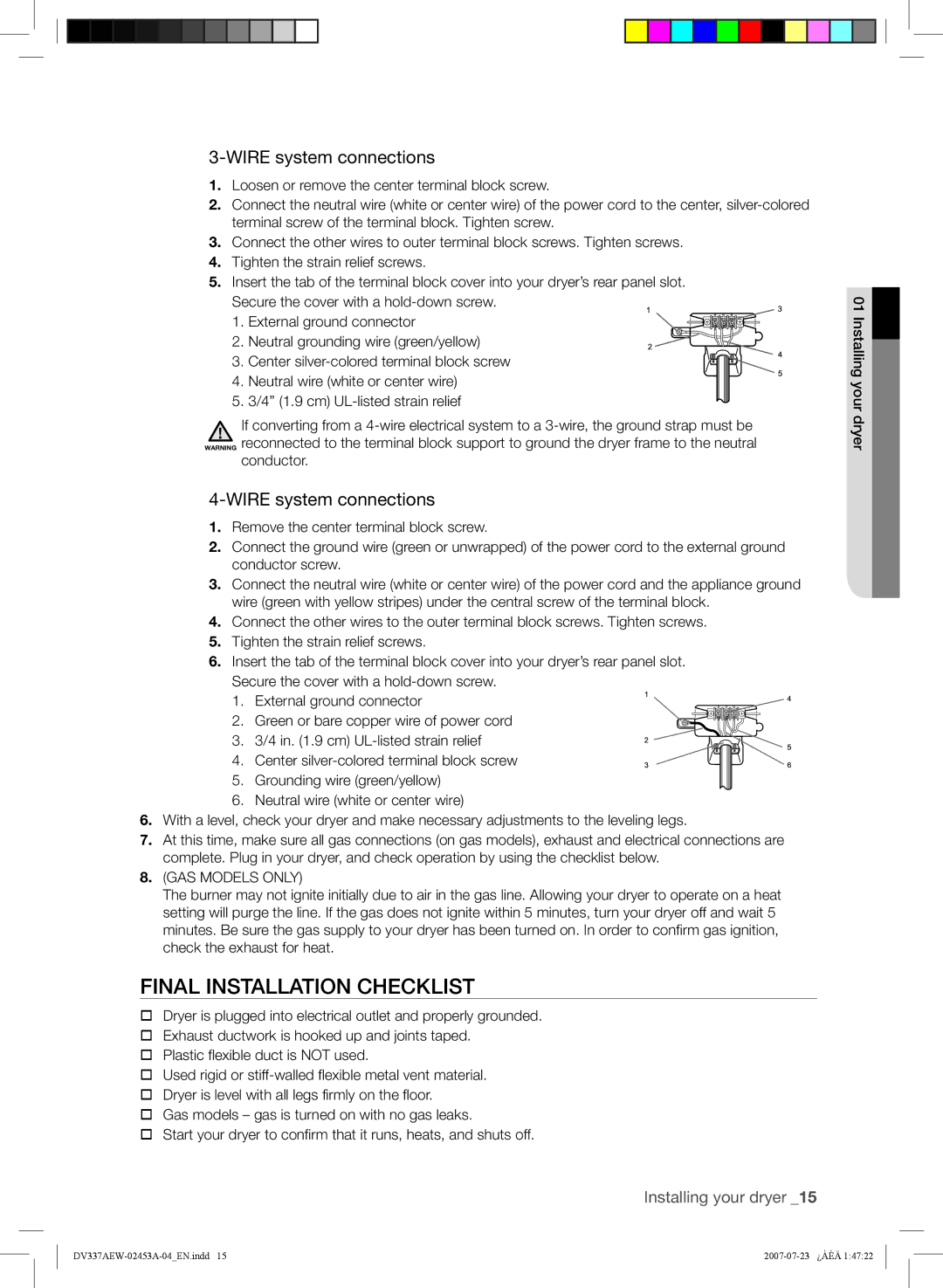 Samsung DV328, DV337 user manual Final Installation Checklist, Wire system connections 