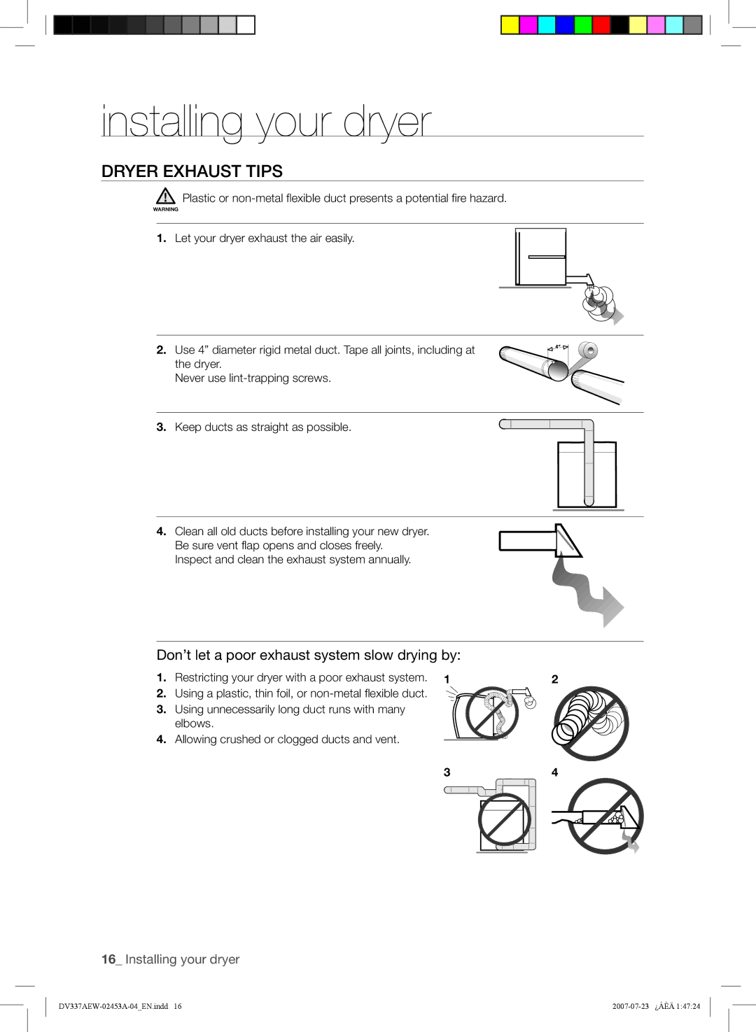 Samsung DV337, DV328 user manual Dryer Exhaust Tips, Don’t let a poor exhaust system slow drying by 