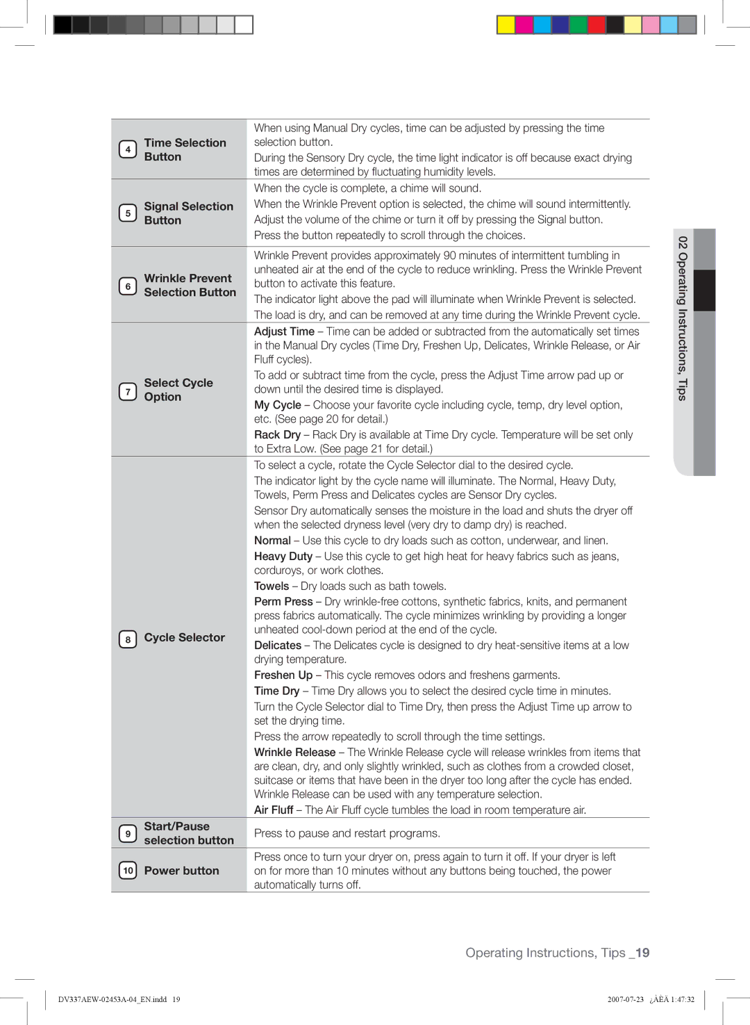 Samsung DV328, DV337 Time Selection, Signal Selection, Wrinkle Prevent, Select Cycle, Option, Cycle Selector, Start/Pause 