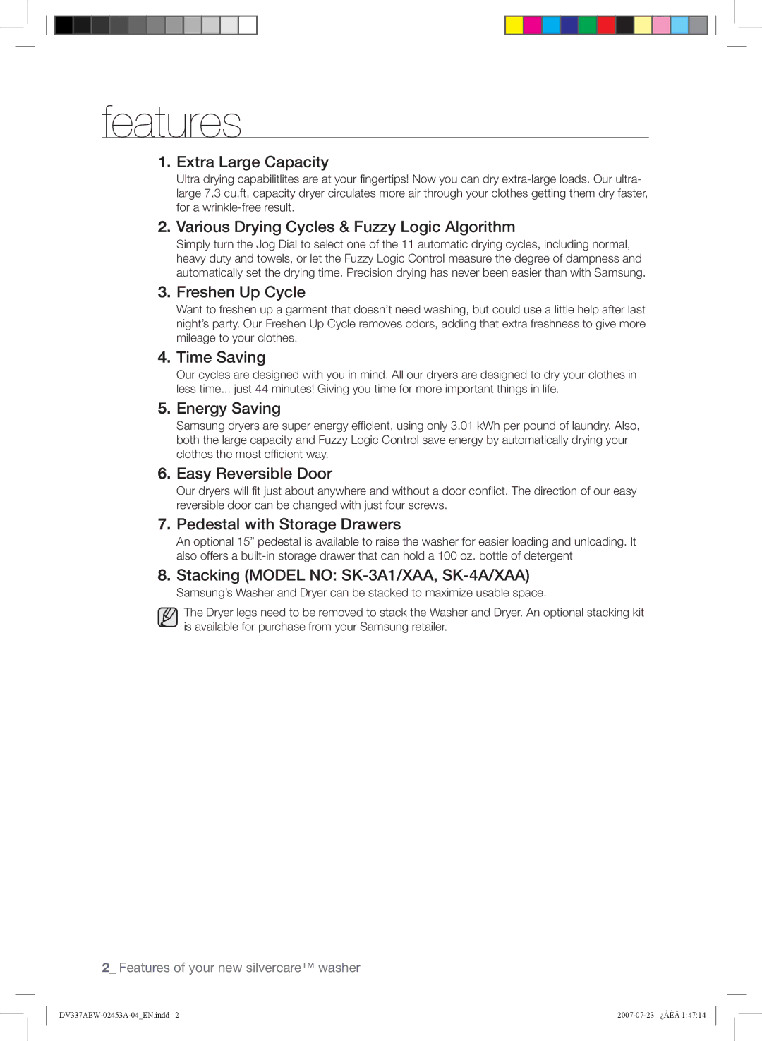 Samsung DV337, DV328 user manual Features 