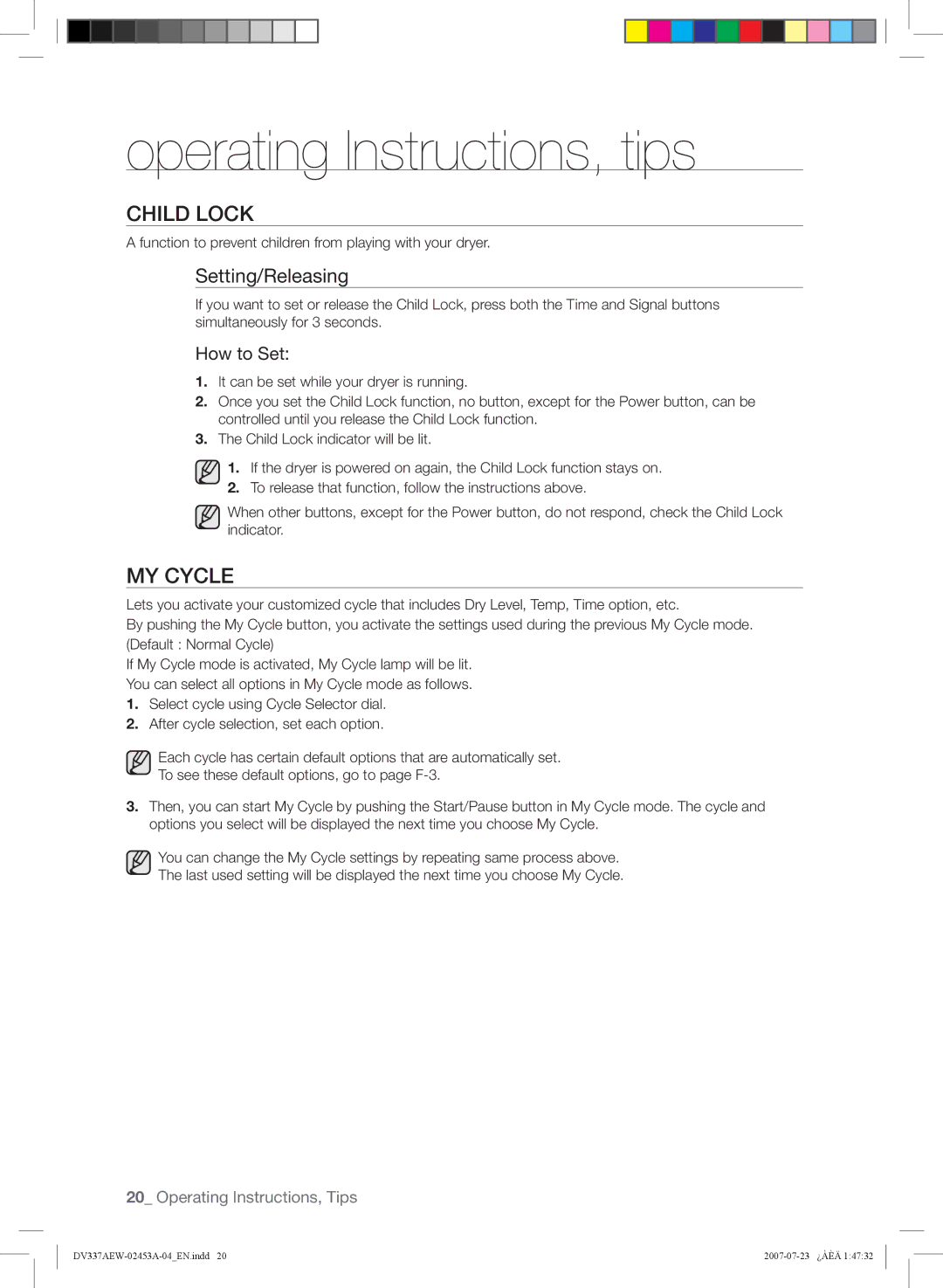 Samsung DV337, DV328 Child Lock, MY Cycle, Setting/Releasing, Function to prevent children from playing with your dryer 