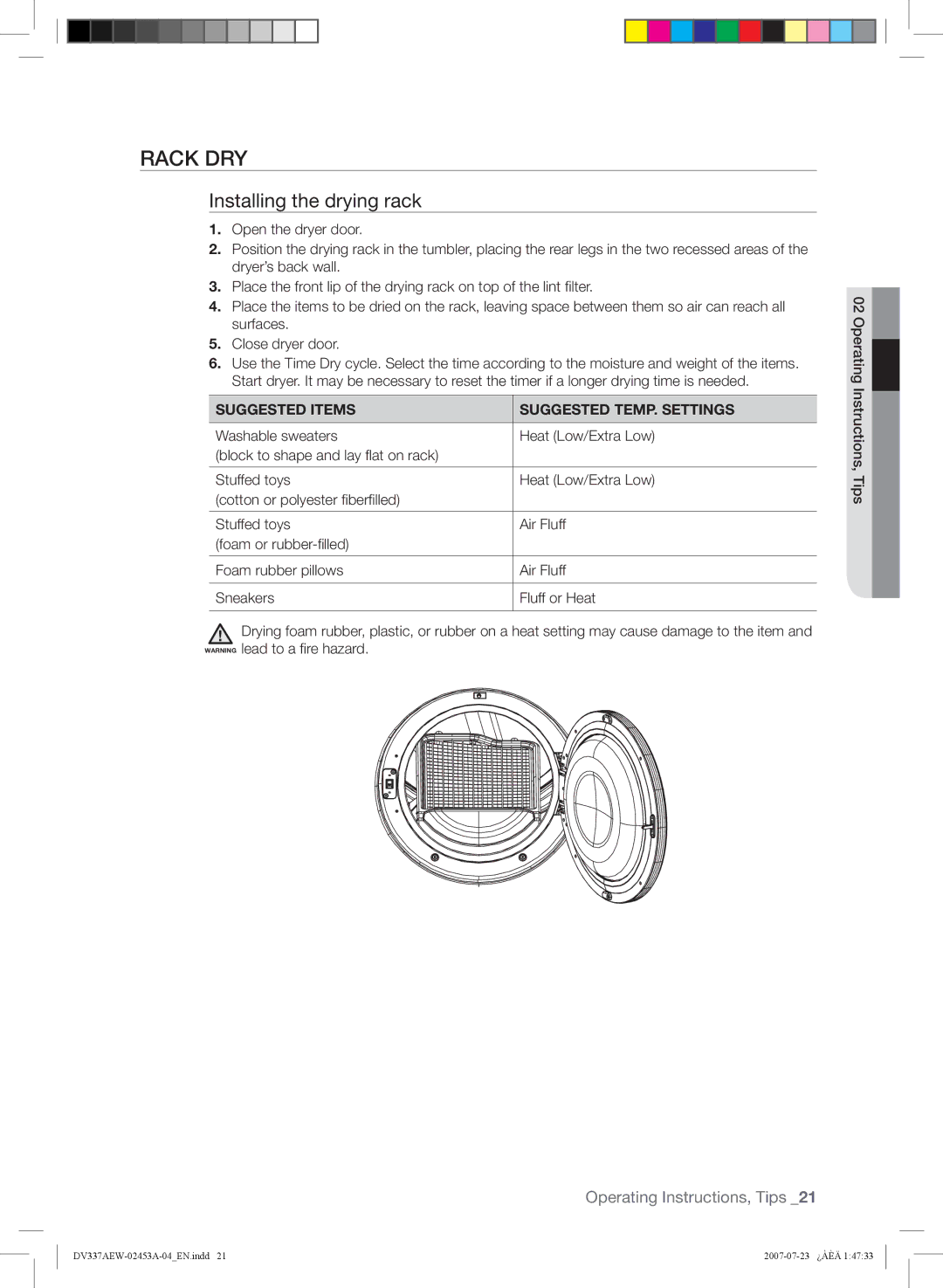 Samsung DV328, DV337 user manual Rack DRY, Installing the drying rack, Suggested Items Suggested TEMP. Settings 