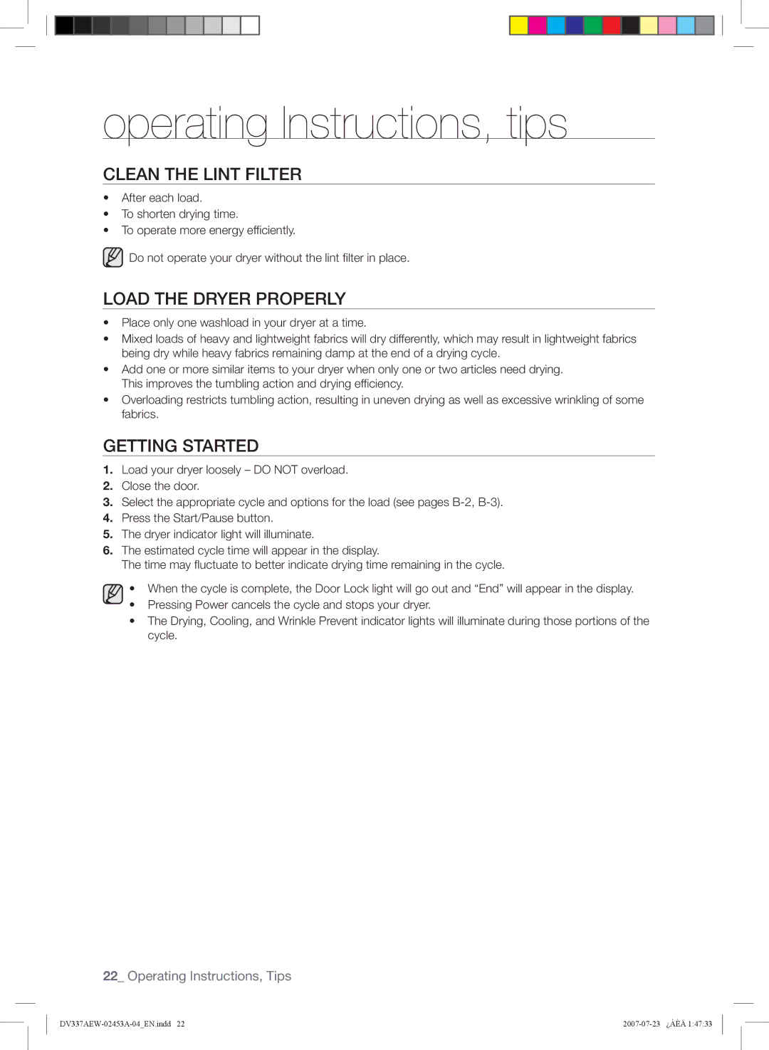 Samsung DV337, DV328 user manual Clean the Lint Filter, Load the Dryer Properly, Getting Started 