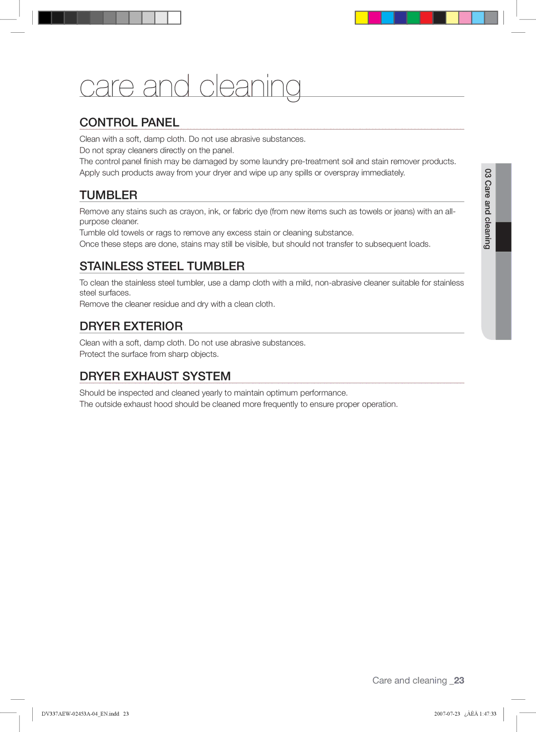 Samsung DV328, DV337 user manual Care and cleaning 