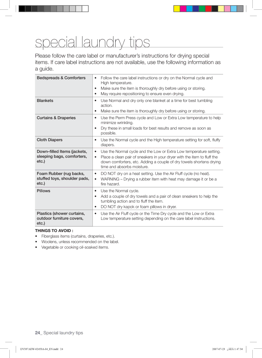 Samsung DV337, DV328 user manual Special laundry tips, Time and absorbs moisture, Things to Avoid 