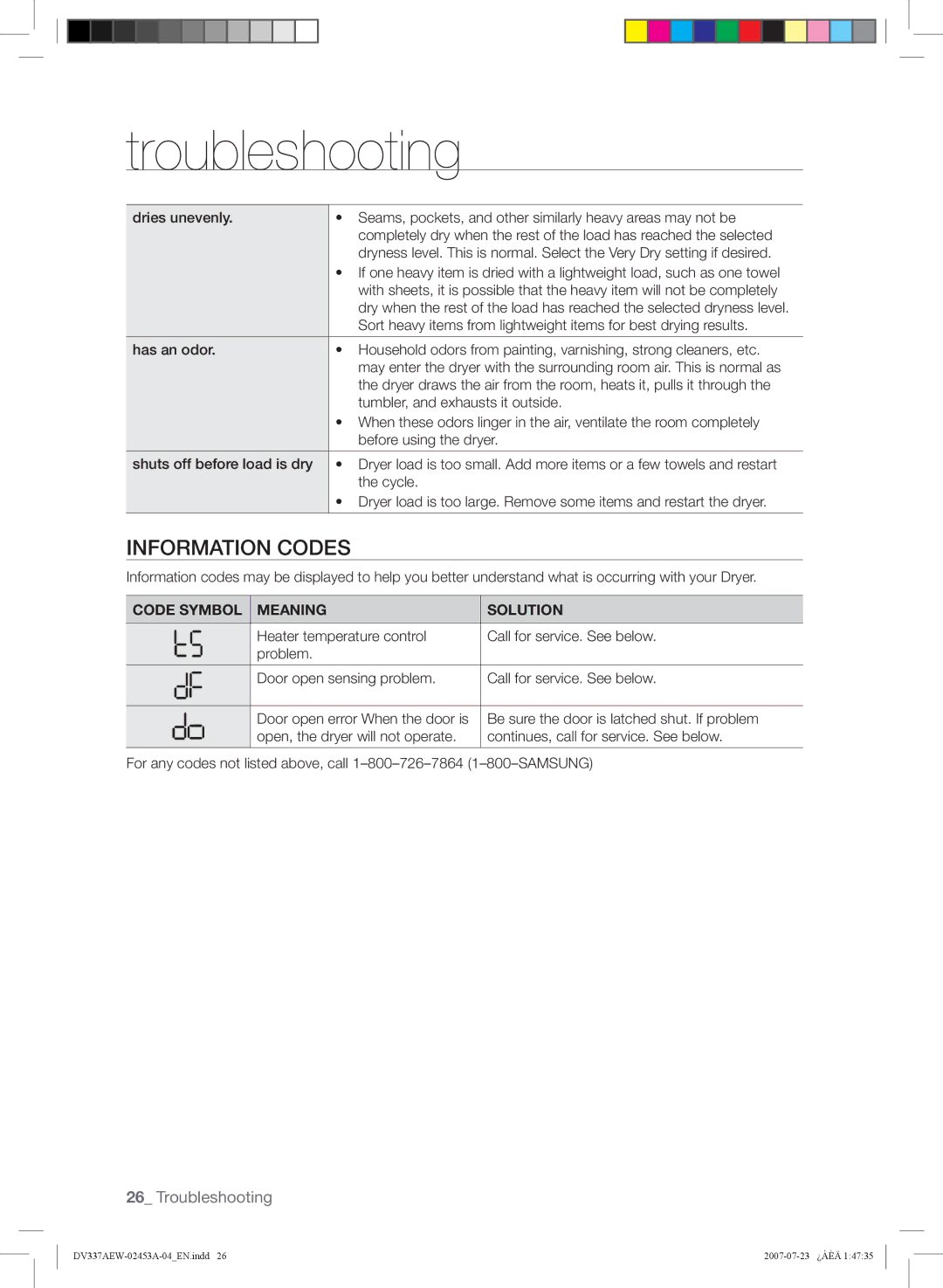 Samsung DV337 Information Codes, Tumbler, and exhausts it outside, Before using the dryer, Code Symbol Meaning Solution 