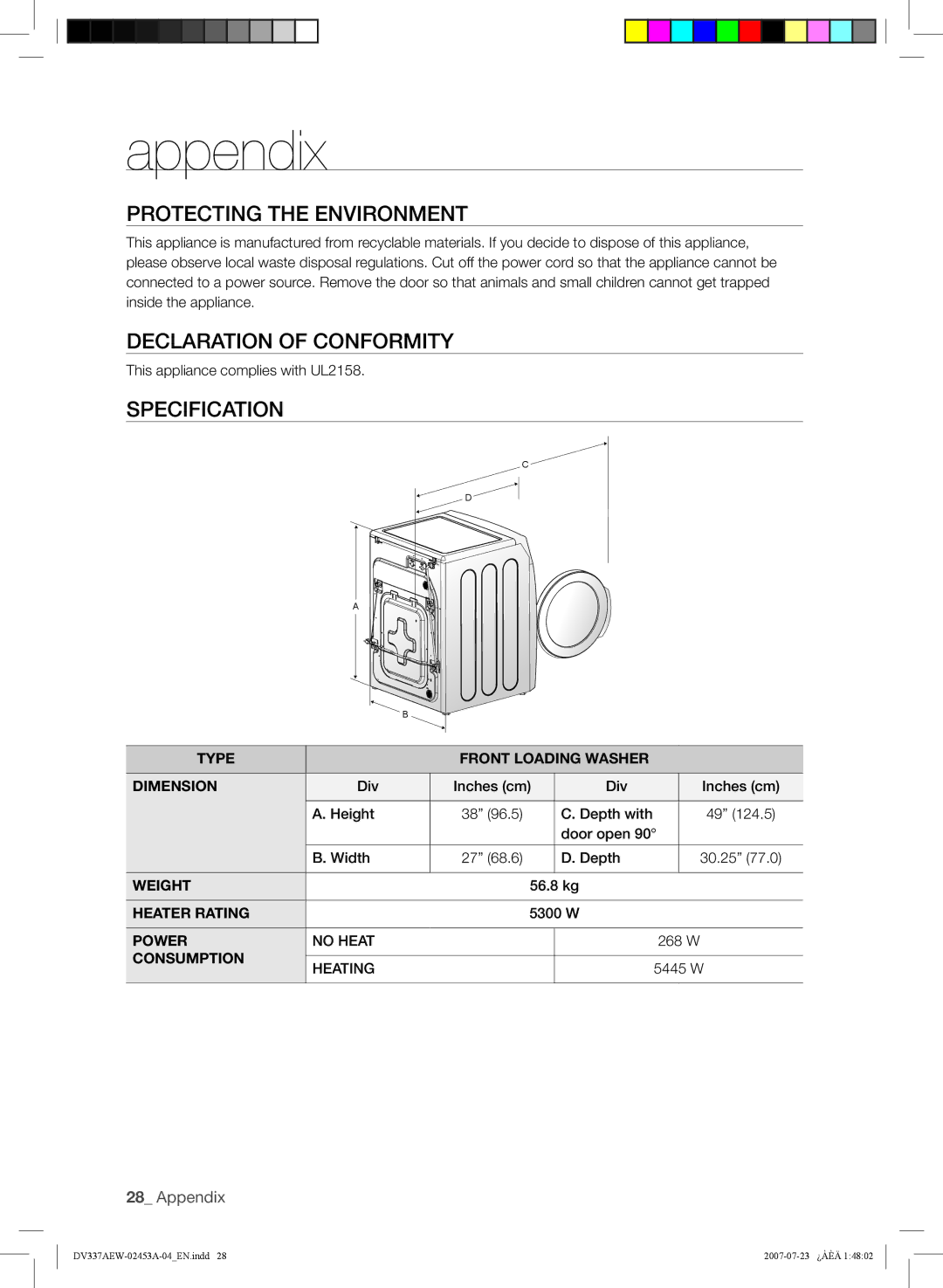 Samsung DV337, DV328 user manual Protecting the Environment, Declaration of Conformity, Specification 