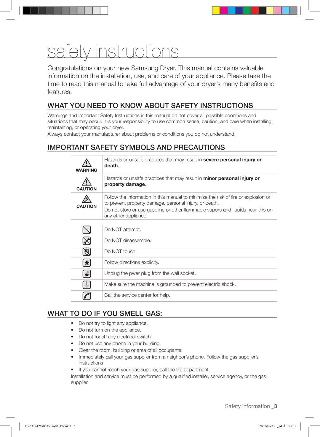 Samsung DV328, DV337 Safety instructions, What YOU Need to Know about Safety Instructions, What to do if YOU Smell GAS 