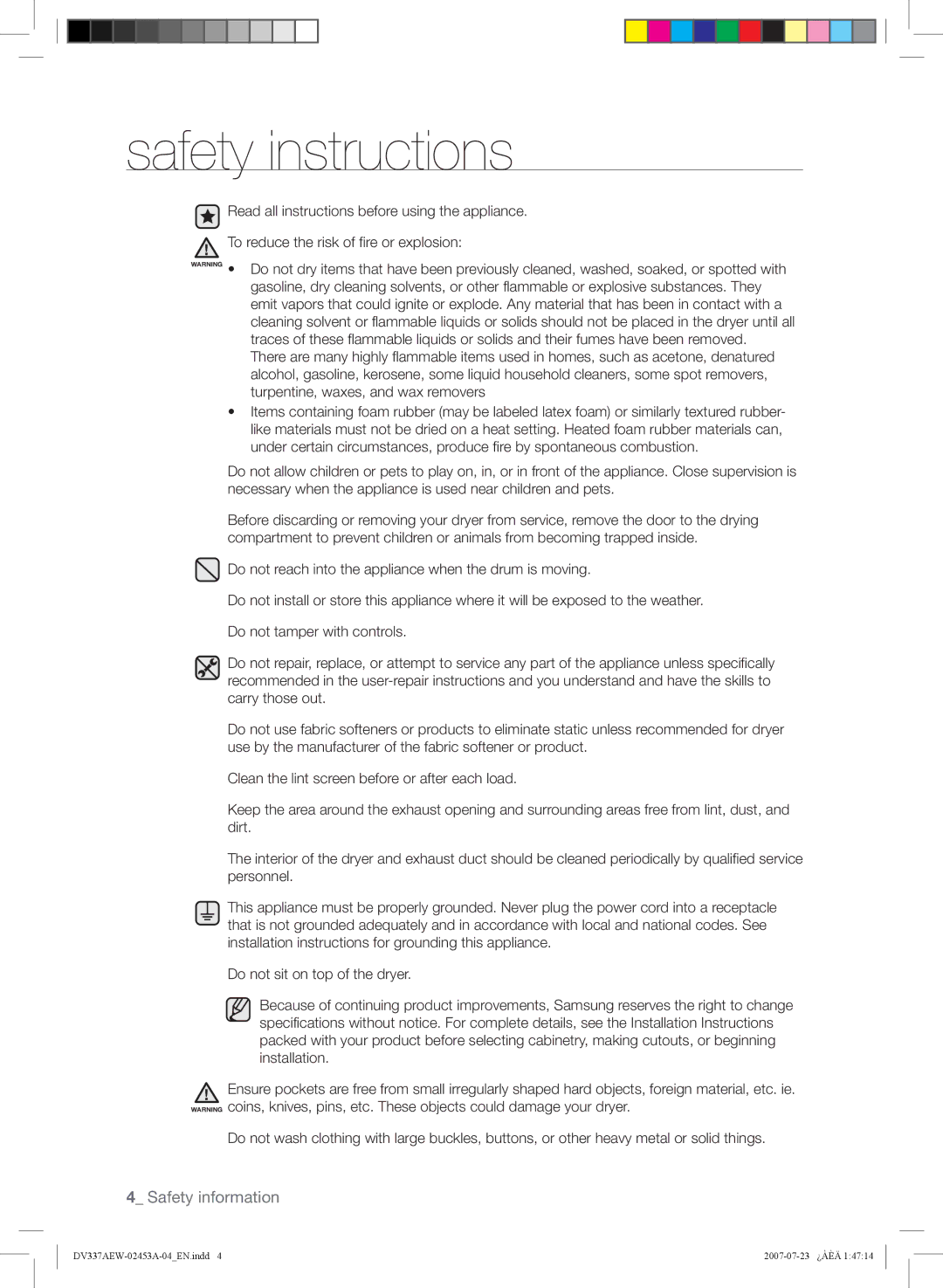 Samsung DV337, DV328 user manual Safety instructions 