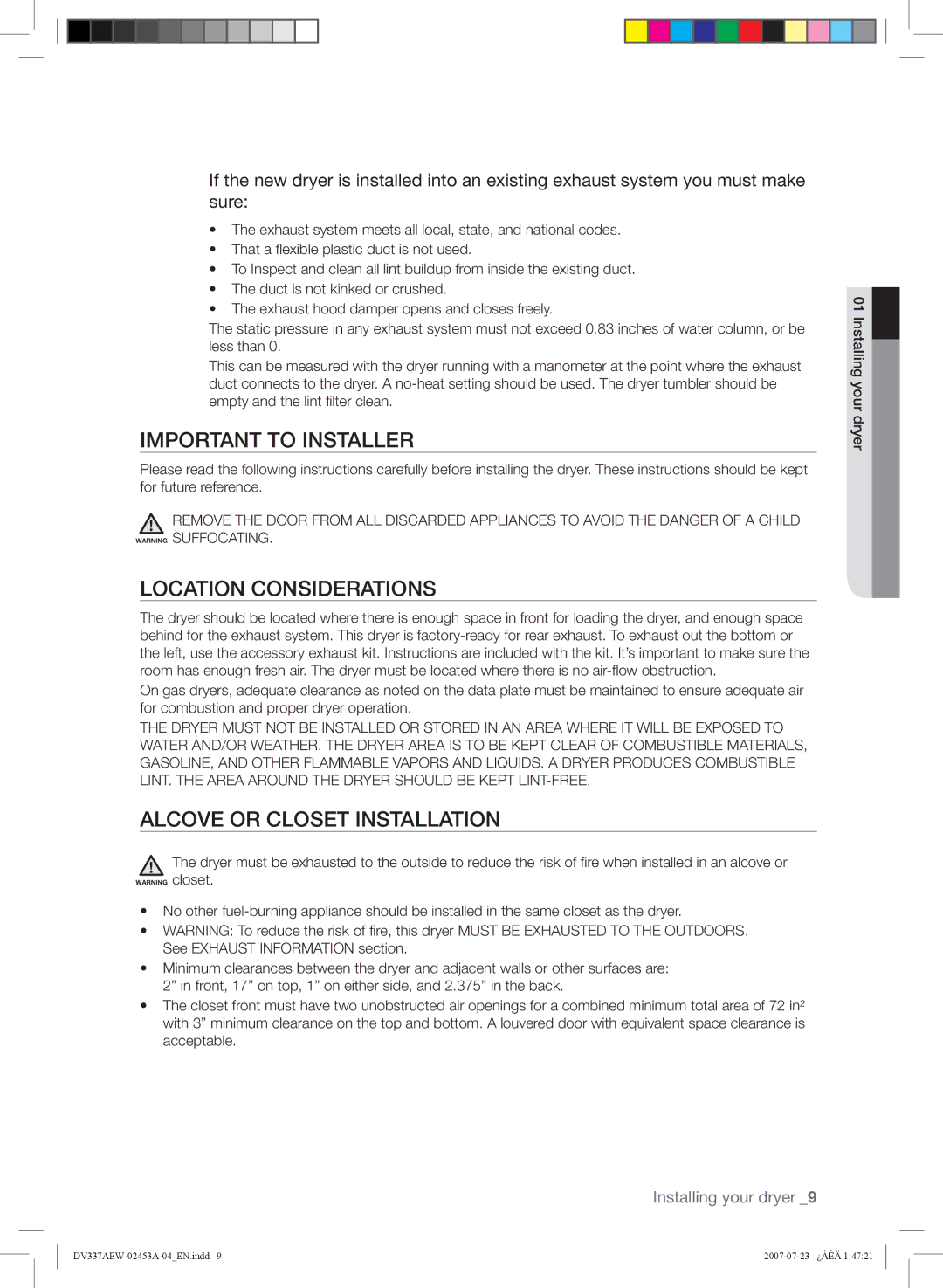 Samsung DV328, DV337 user manual Important to Installer, Location Considerations, Alcove or Closet Installation 