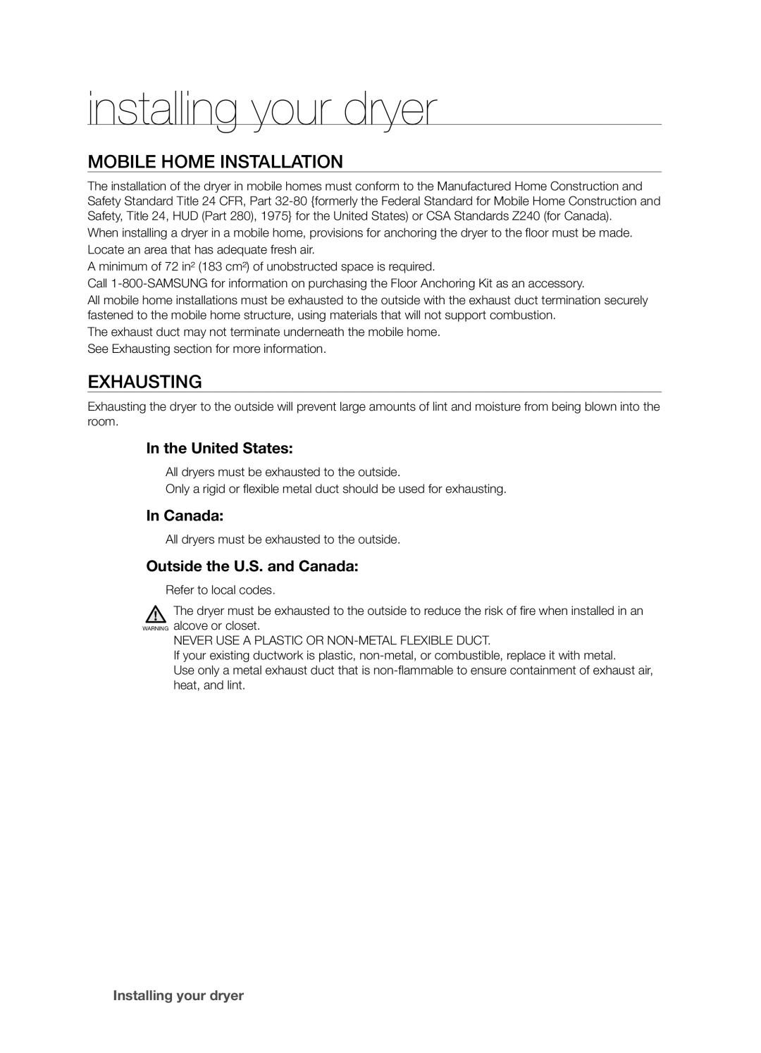 Samsung DV337AGG user manual Mobile Home Installation, Exhausting 