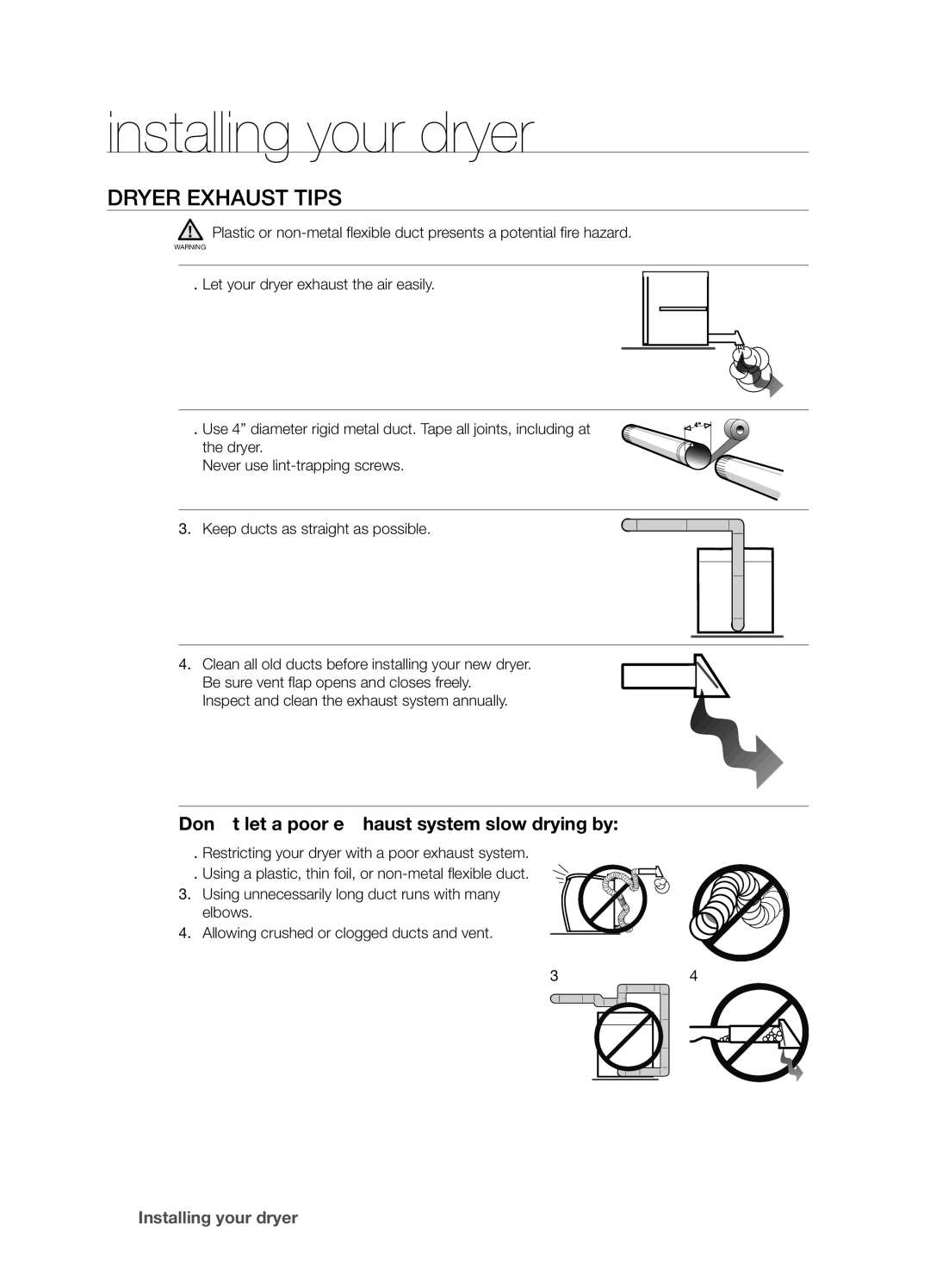 Samsung DV337AGG user manual Dryer Exhaust Tips, Don’t let a poor exhaust system slow drying by 