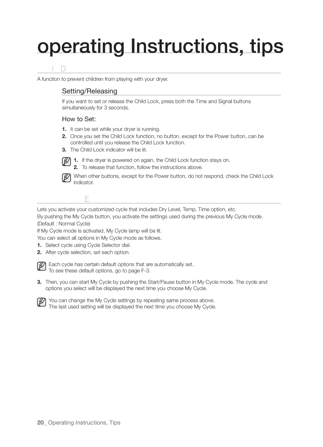 Samsung DV337AGG user manual Child Lock, MY Cycle, Setting/Releasing 